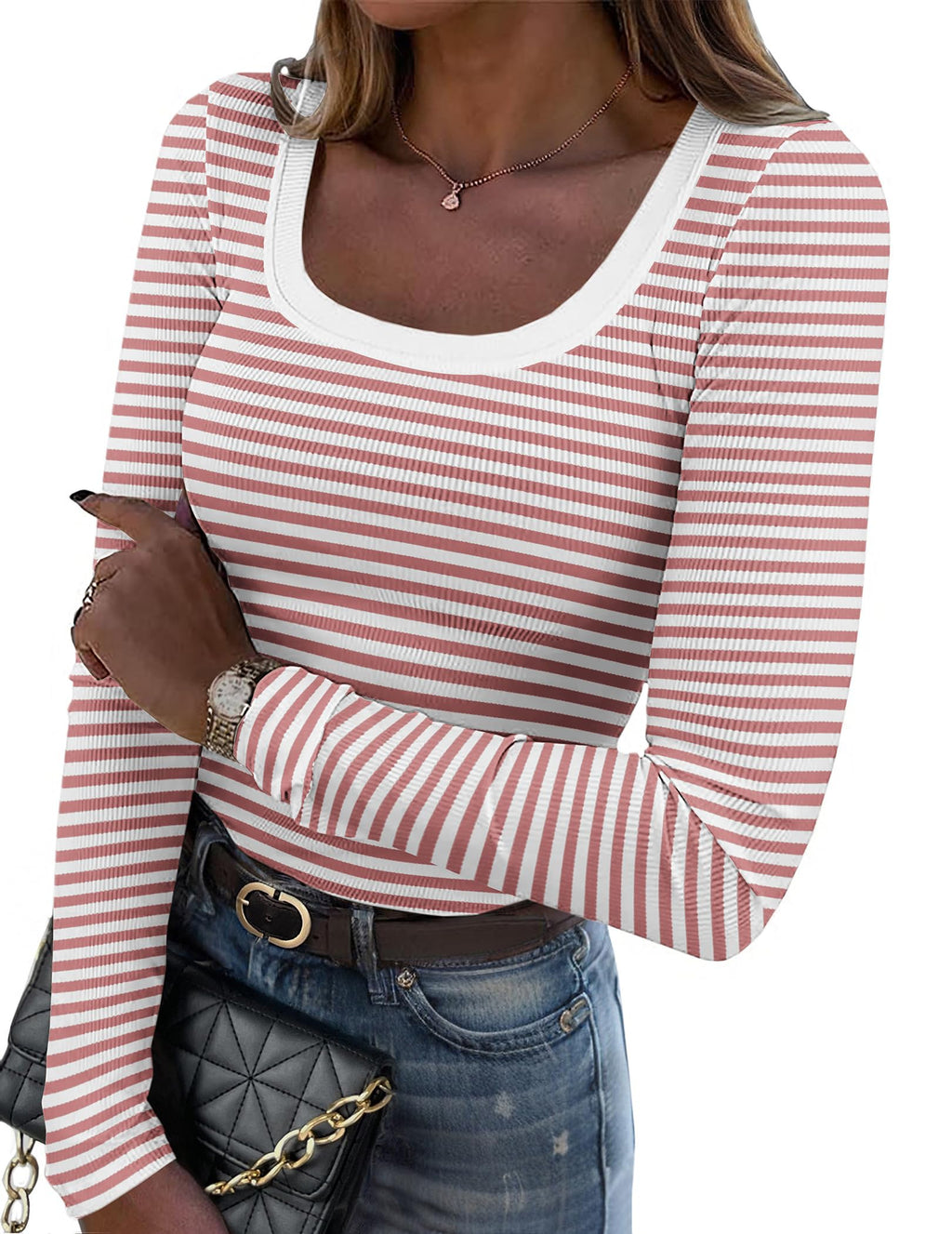 Zeagoo Women's Long Sleeve Scoop Neck Shirts Casual Slim Fit Rib Knit Tops Summer Fall Basic Business Work Tee
