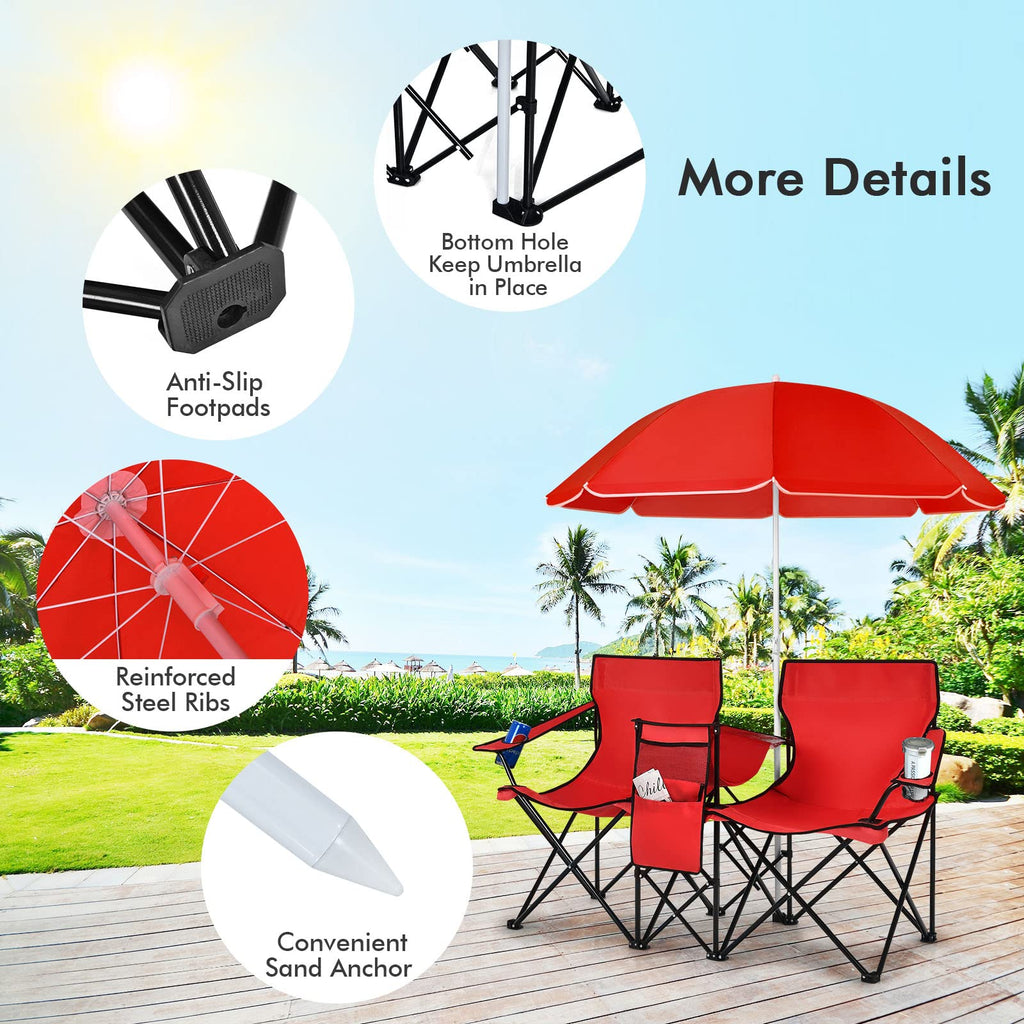 COSTWAY Double Portable Picnic Chairs, Folding Camping Chairs w/Detachable Umbrella, Cooler Bag, Cup Holders, Patio Beach Camping Chairs for Outdoors