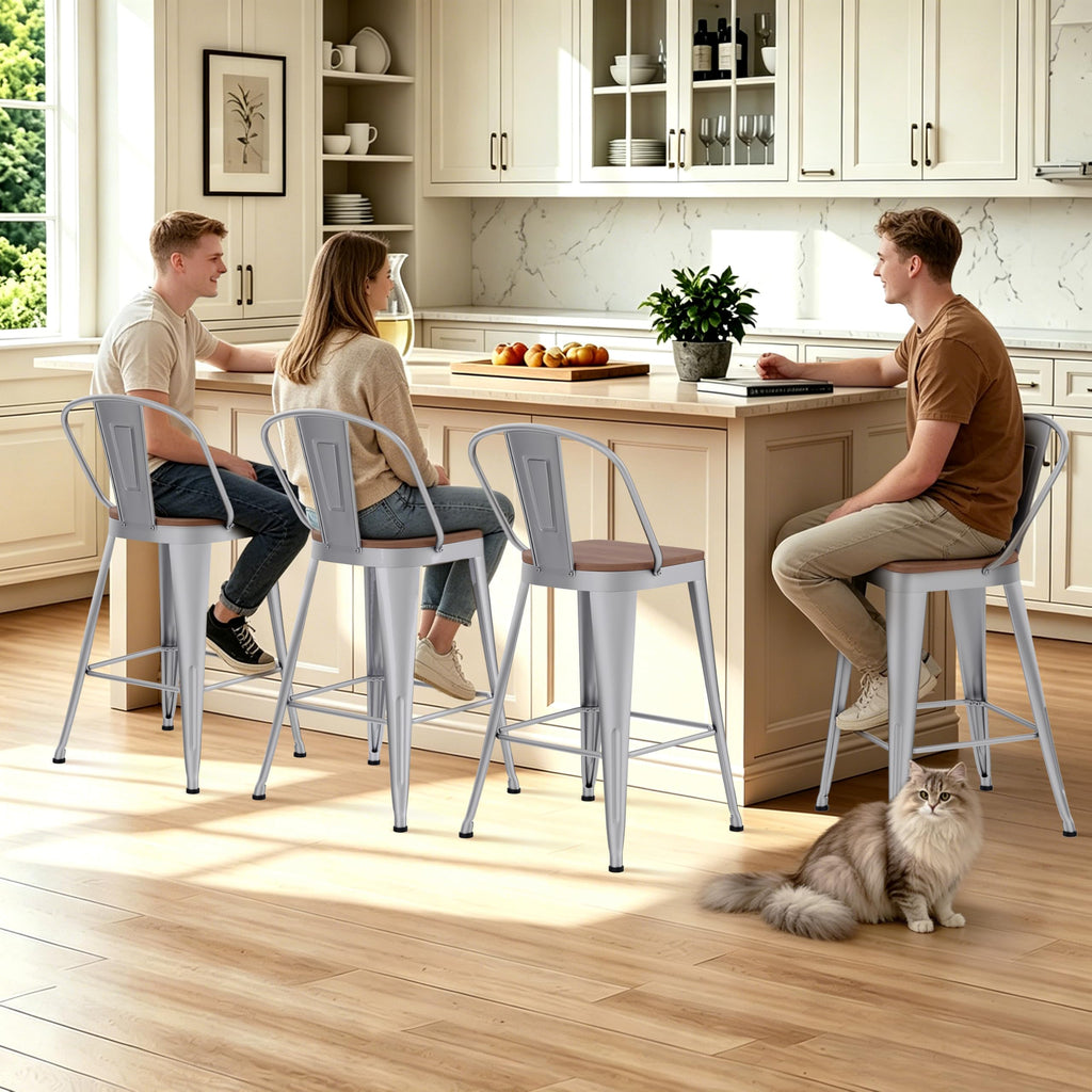 Barstools Set of 4 Counter Height Bar Stools for Kitchen Island Farmhouse Metal High Back Bar Chairs Wooden Seat 24" Matte Black