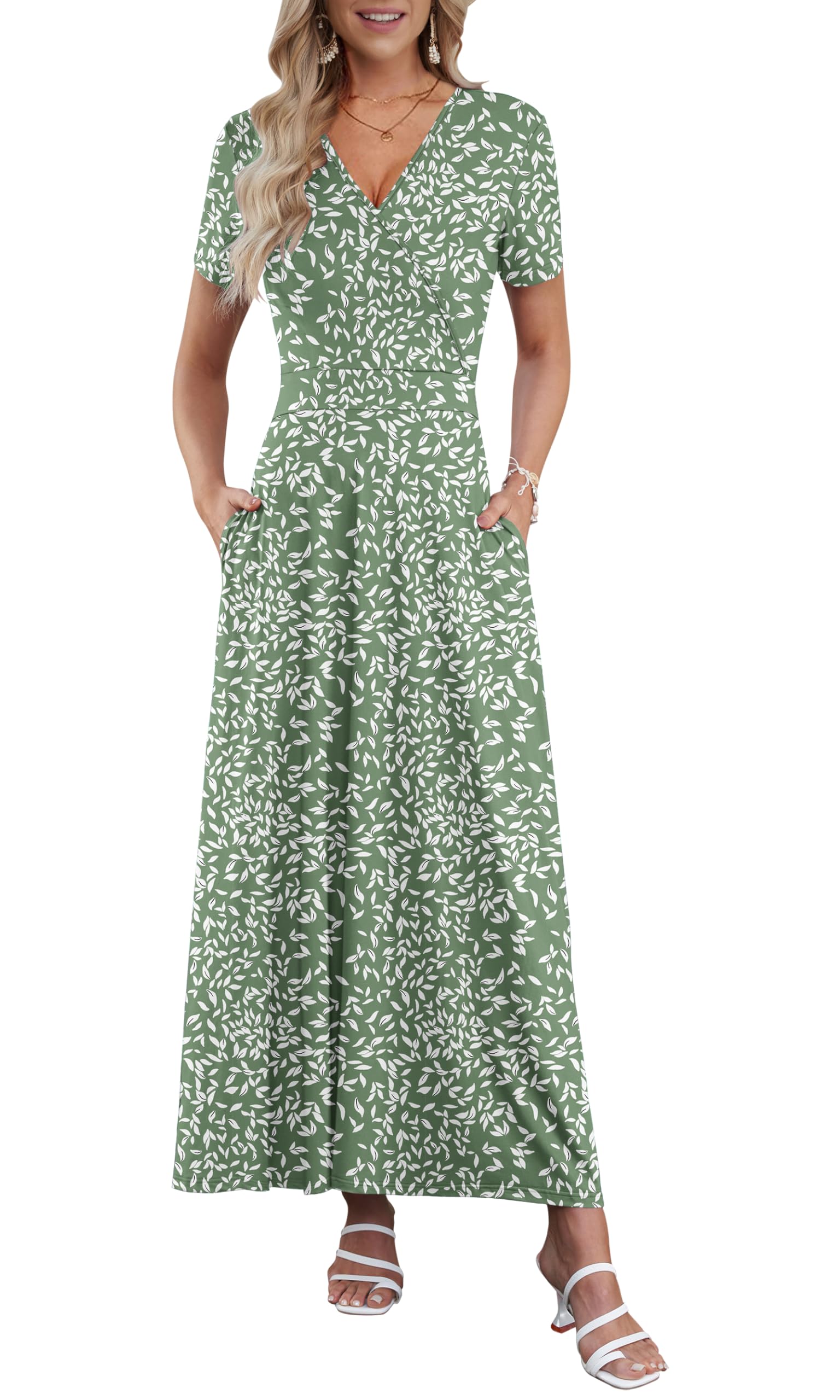 AUSELILY Maxi Dresses for Women Ankle Length Floral Print Beach Long Flowy Dress with Pockets