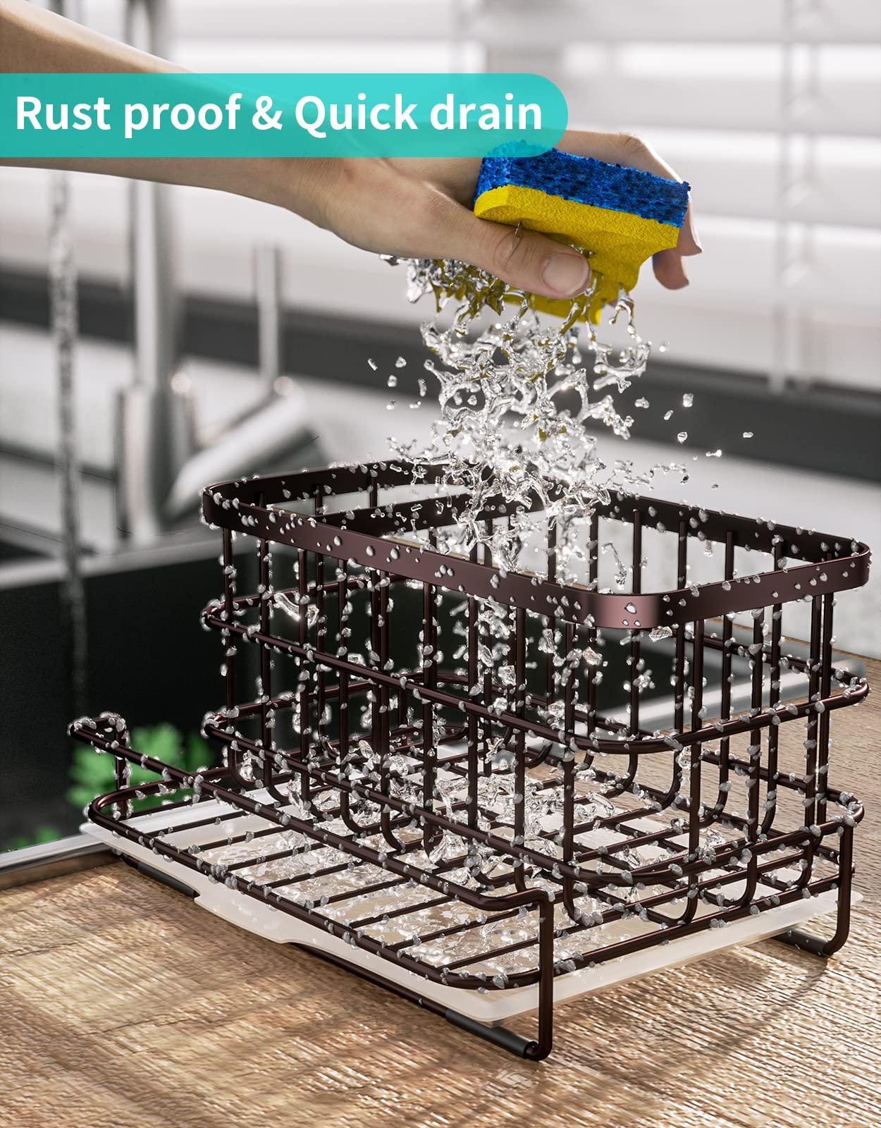 HapiRm Kitchen Sink Organizer, SUS304 Stainless Steel Rustproof Multifunctional Large Sink Caddy with Sponge Holder and Drain Tray for Kitchen Countertop (Silver)