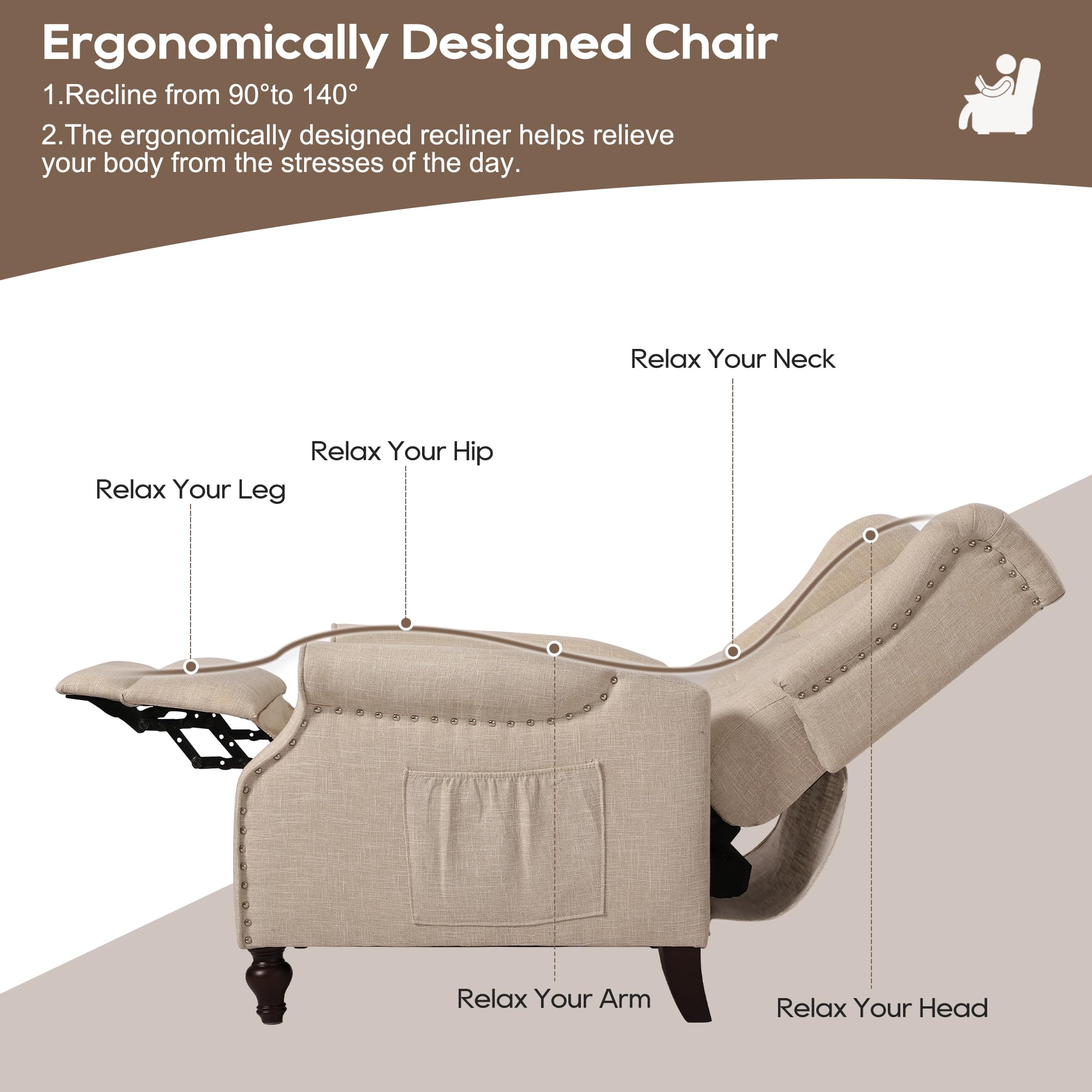 Wingback Chair with Massage and Heat, Tufted Fabric Pushback Recliner Chair, Wingback Recliner Chair with Remote Control, Padded Cushion, Wooden Legs, Small Recliners for Small Spaces
