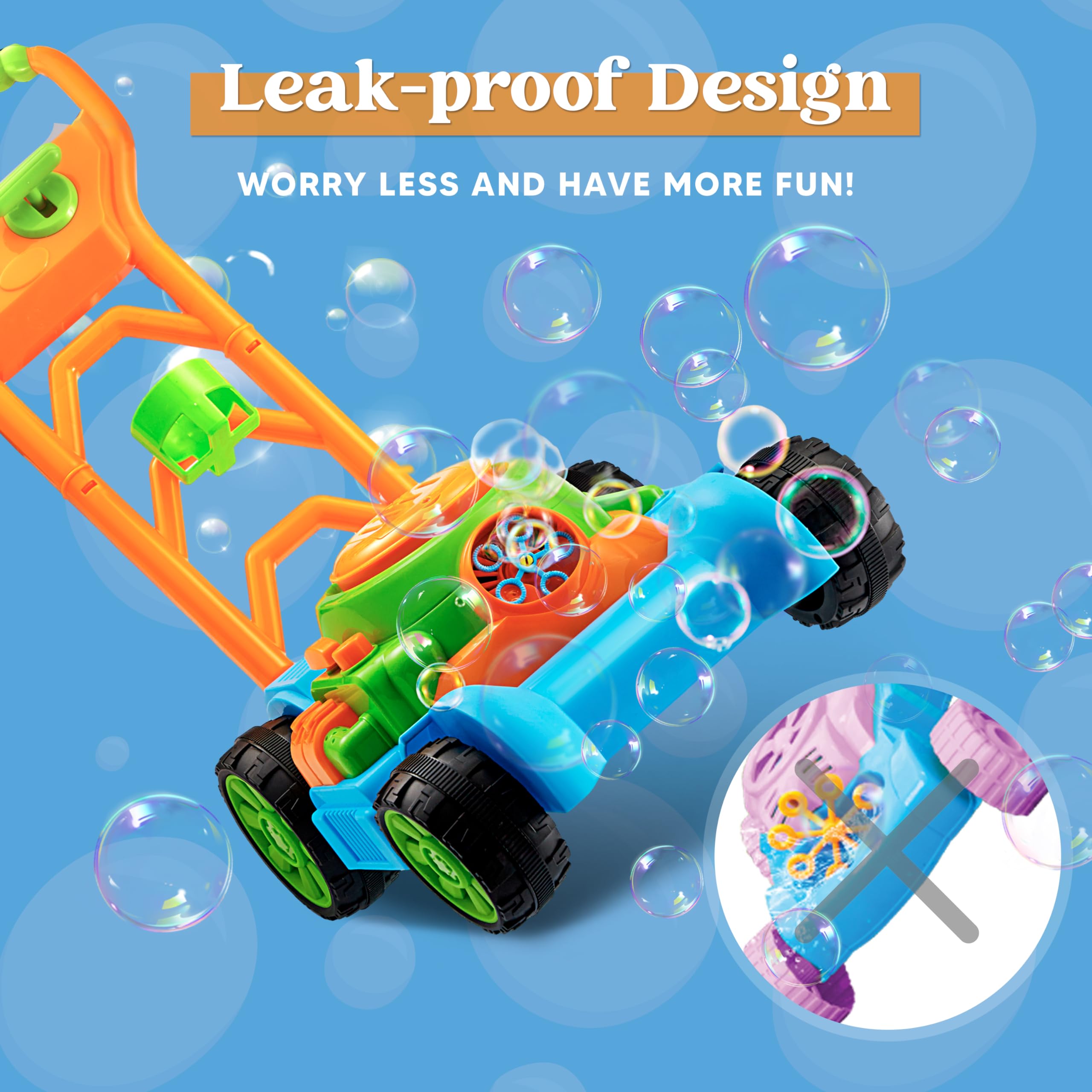 SLOOSH Bubble Lawn Mower Toddler Toys - Spill-Proof Bubble Machine Pretend Gardening Play Toy for Age 1 2 3 1-3 Year Old Baby Boys Indoor Outdoor Use, Easter Basket Stuffers Birthday Gifts (Blue)