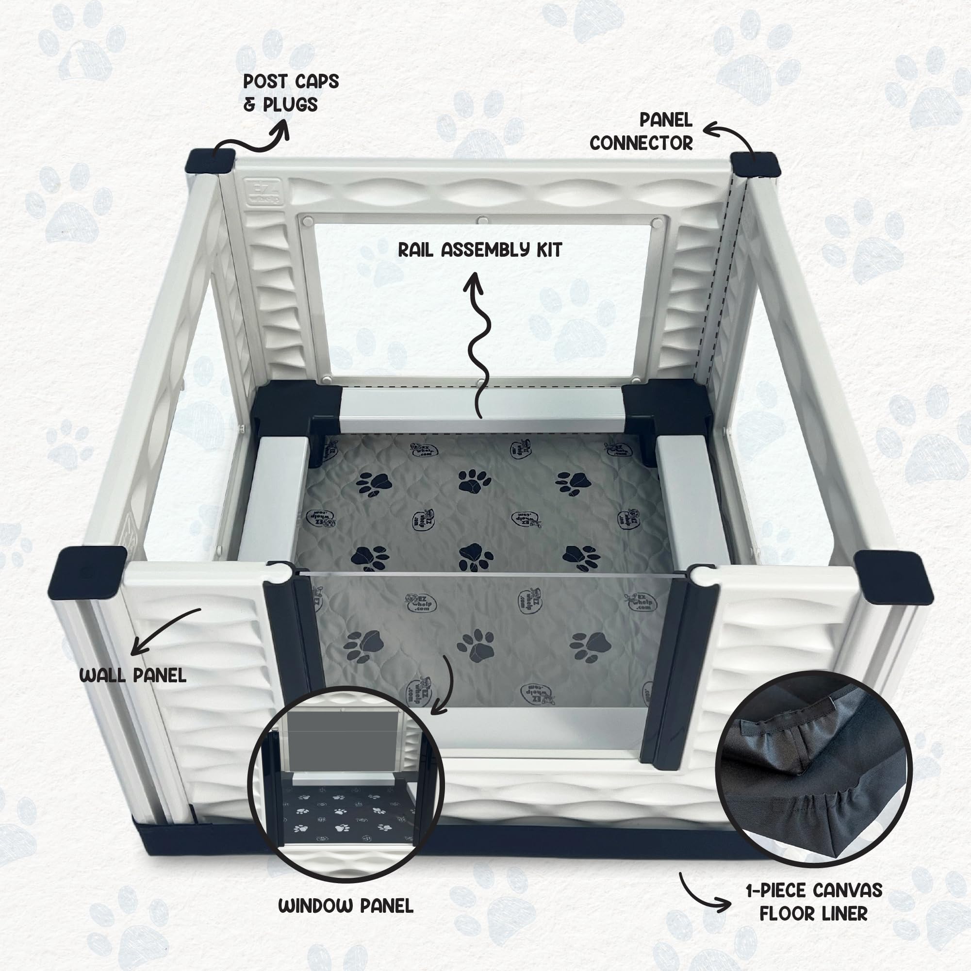 EZwhelp EZclassic Windowed 48"x48"x18" Whelping Box with Rails and Windowed Walls, Padded Dog Whelping Box, Black Pad