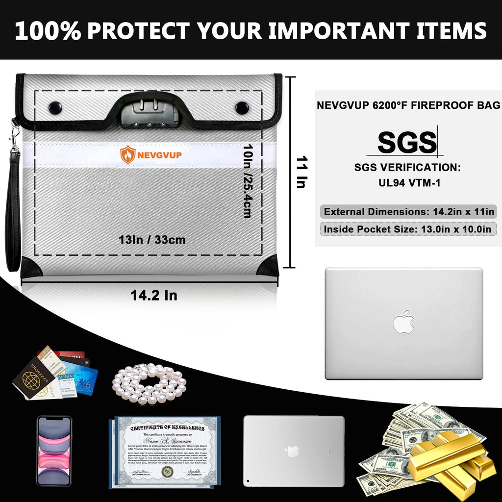 Fireproof Money Bag 4200°F - Heat Insulated, 9.8 x 6.5" Small Fireproof Document Bags with Waterproof Zipper, Fire proof Bag with Reflective Strip and Fireproofs Edeging, Fire Pouch Set for Valuables