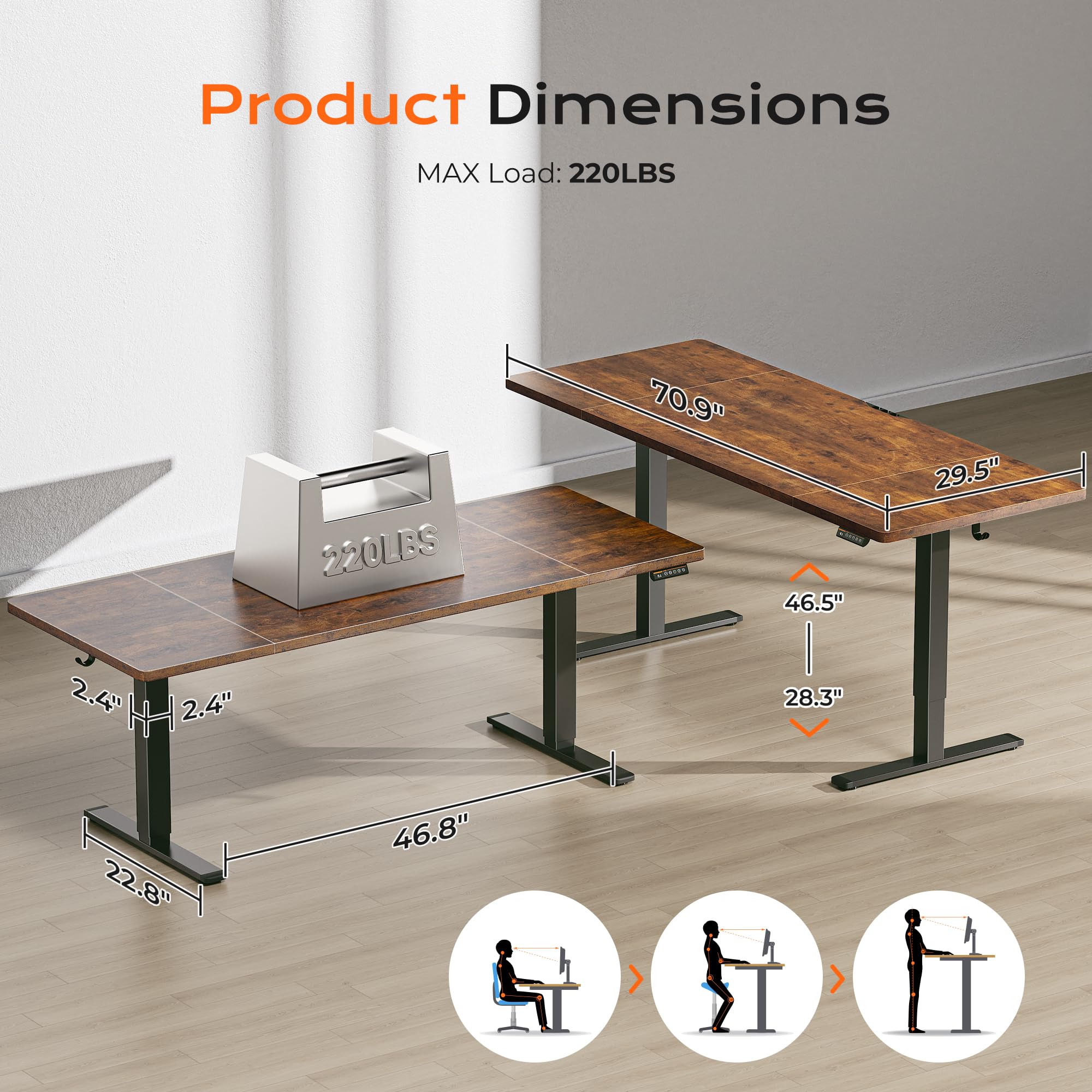 Huuger 48 x 28 Large Electric Standing Desk, Height Adjustable Desk, 27.6" Deep Desktop, Stand up Gaming, 2 Hooks, 3 Preset Heights, for Home Office, Black