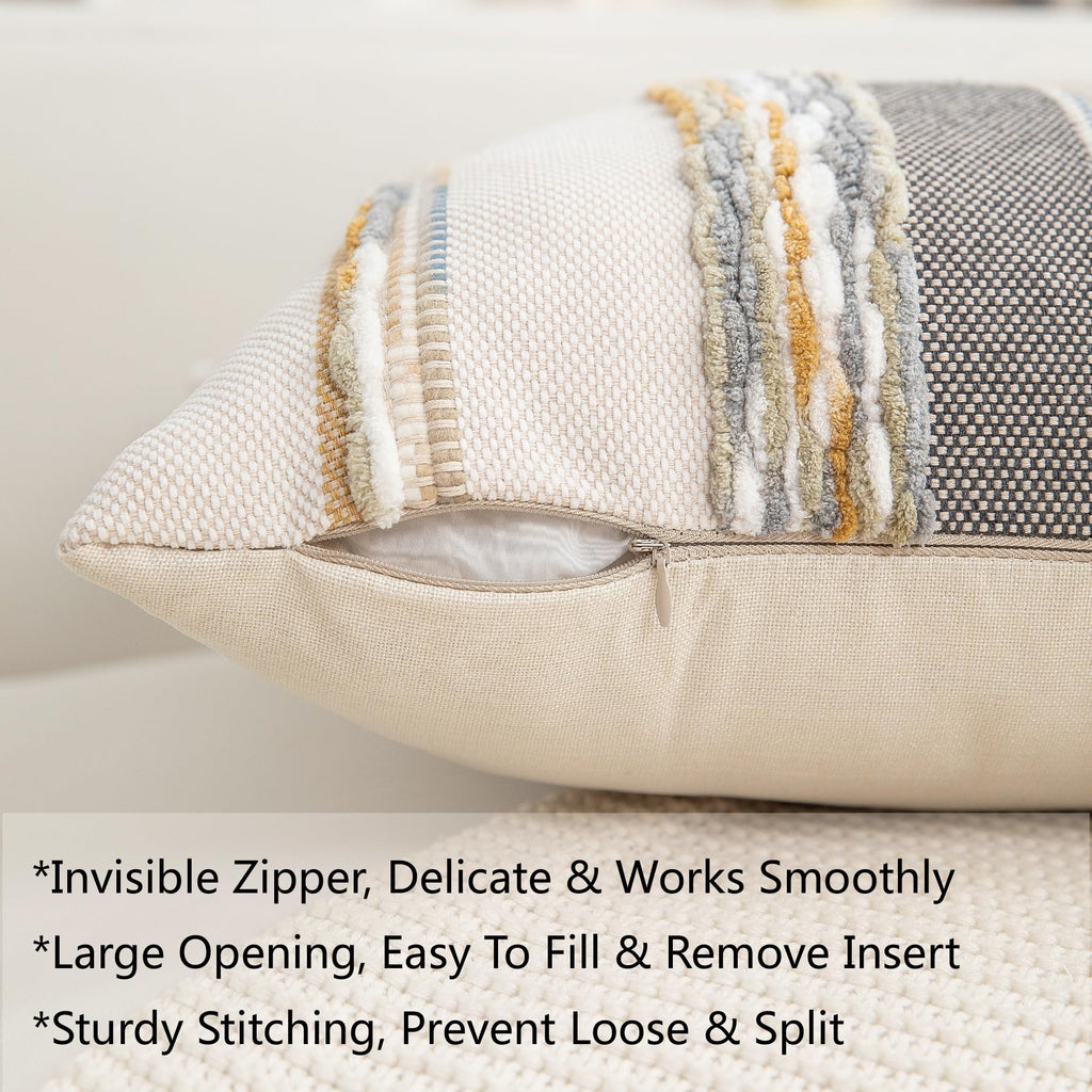 Boho Pillow Covers 18x18 Set of 2 for Couch-Modern Farmhouse Sofa Decorative Throw Pillow Covers Textured Chenille Cushion Covers Outdoor Netural Bohemian Pillow Cases Square