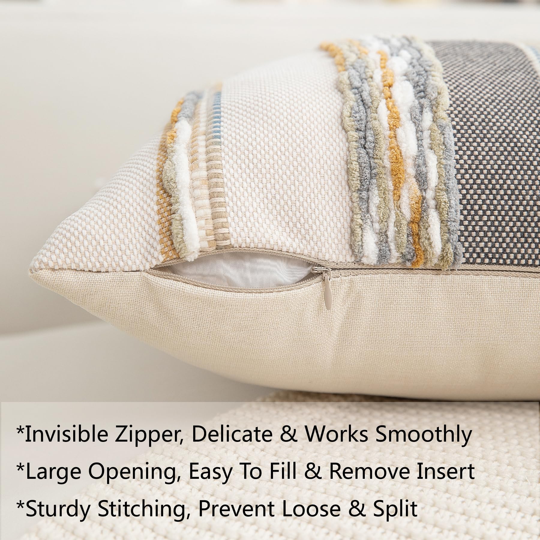 Boho Pillow Covers 18x18 Set of 2 for Couch-Modern Farmhouse Sofa Decorative Throw Pillow Covers Textured Chenille Cushion Covers Outdoor Netural Bohemian Pillow Cases Square