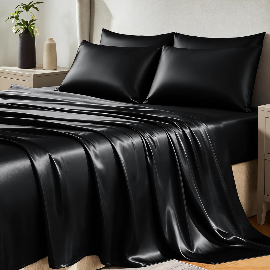 CozyLux Satin Sheets Twin Sheet Set - Silky Soft Bedding Similar to Silk, 3 Piece Sheets for Hair and Skin, Deep Pocket with All-Around Elastic, Home Decor for Bedroom, Black