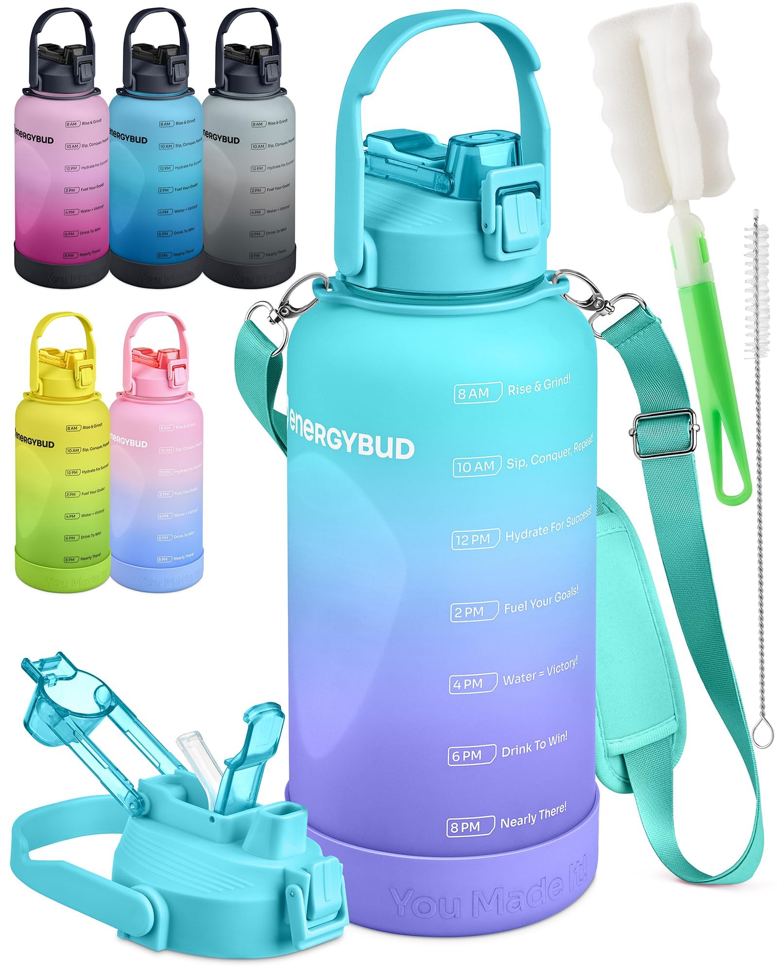 1/2 Gallon Water Bottle with 74.3 oz Capacity - Motivational Time Markers for Daily Hydration Goals - Leakproof BPA Free Tritan with Removable Straw
