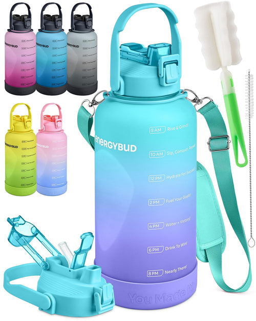 1/2 Gallon Water Bottle with 74.3 oz Capacity - Motivational Time Markers for Daily Hydration Goals - Leakproof BPA Free Tritan with Removable Straw