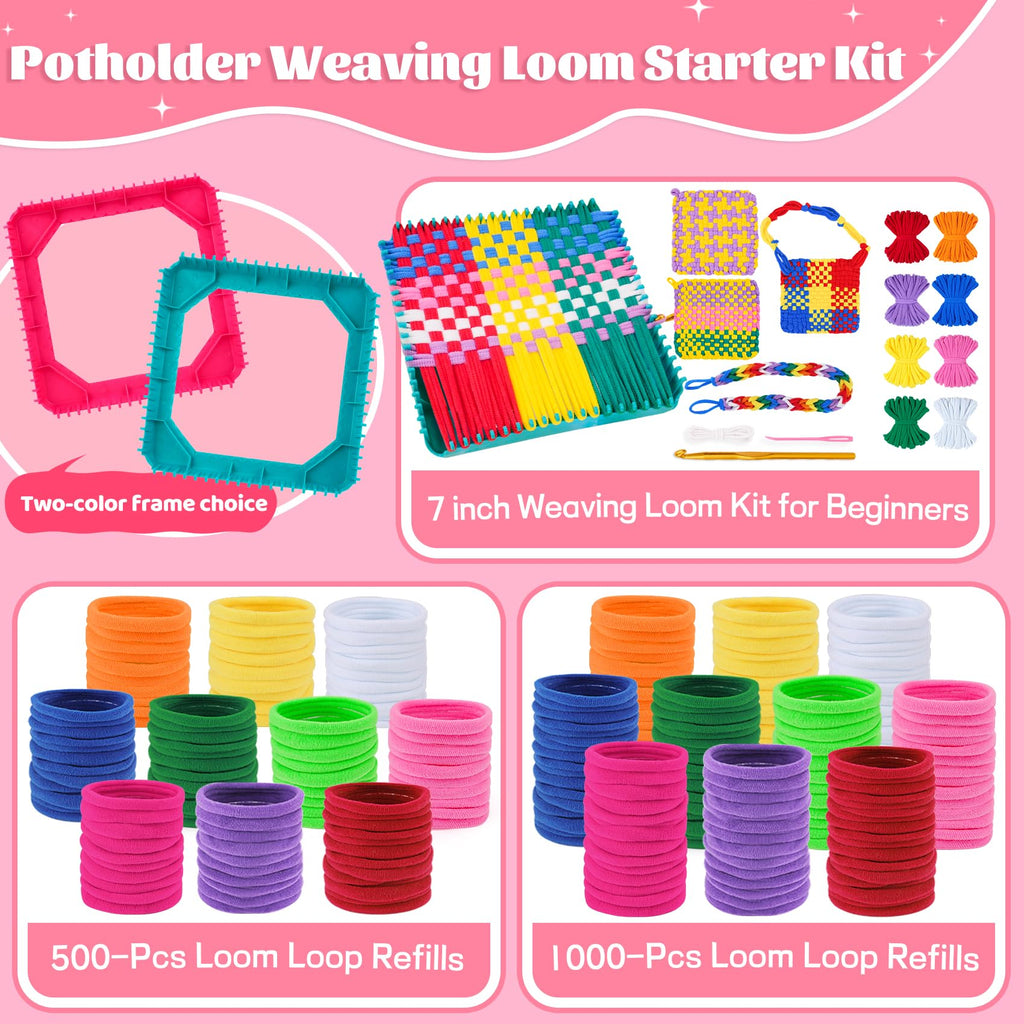 PREBOX 1000 PCS Weaving Loom Loops Refill, 10 Colors for 7 inch Potholder Loom, Craft Supplies for Kids and Beginners, Christmas & Birthday Gifts for Girls 6 7 8-10 10-12 Year Old