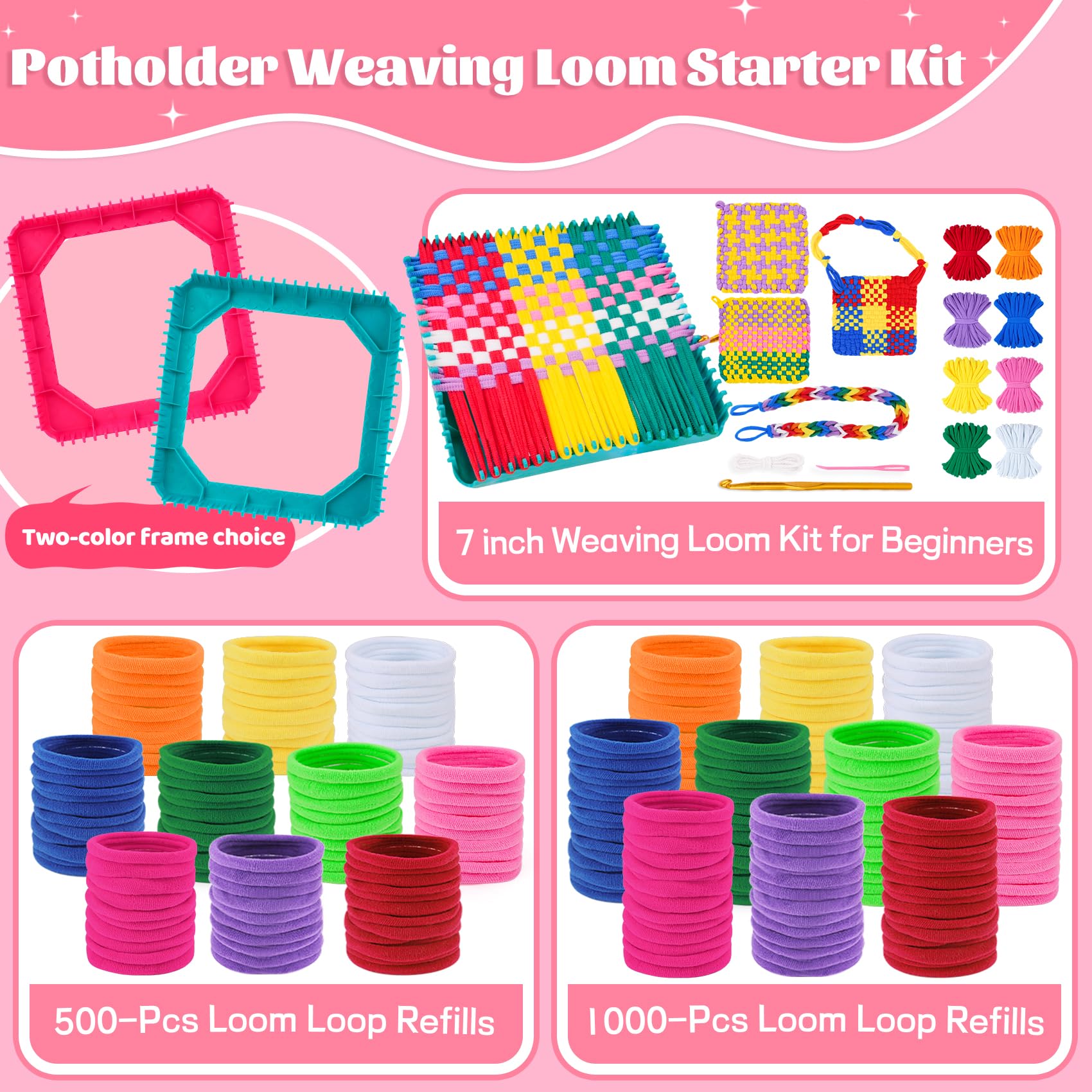 PREBOX 1000 PCS Weaving Loom Loops Refill, 10 Colors for 7 inch Potholder Loom, Craft Supplies for Kids and Beginners, Christmas & Birthday Gifts for Girls 6 7 8-10 10-12 Year Old
