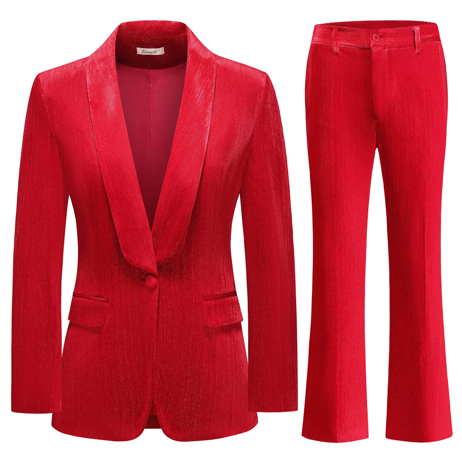 Lamgool Women Pantsuit Dressy Silver Thread Velvet 2 Piece Suit Set Blazer and Flared Pants