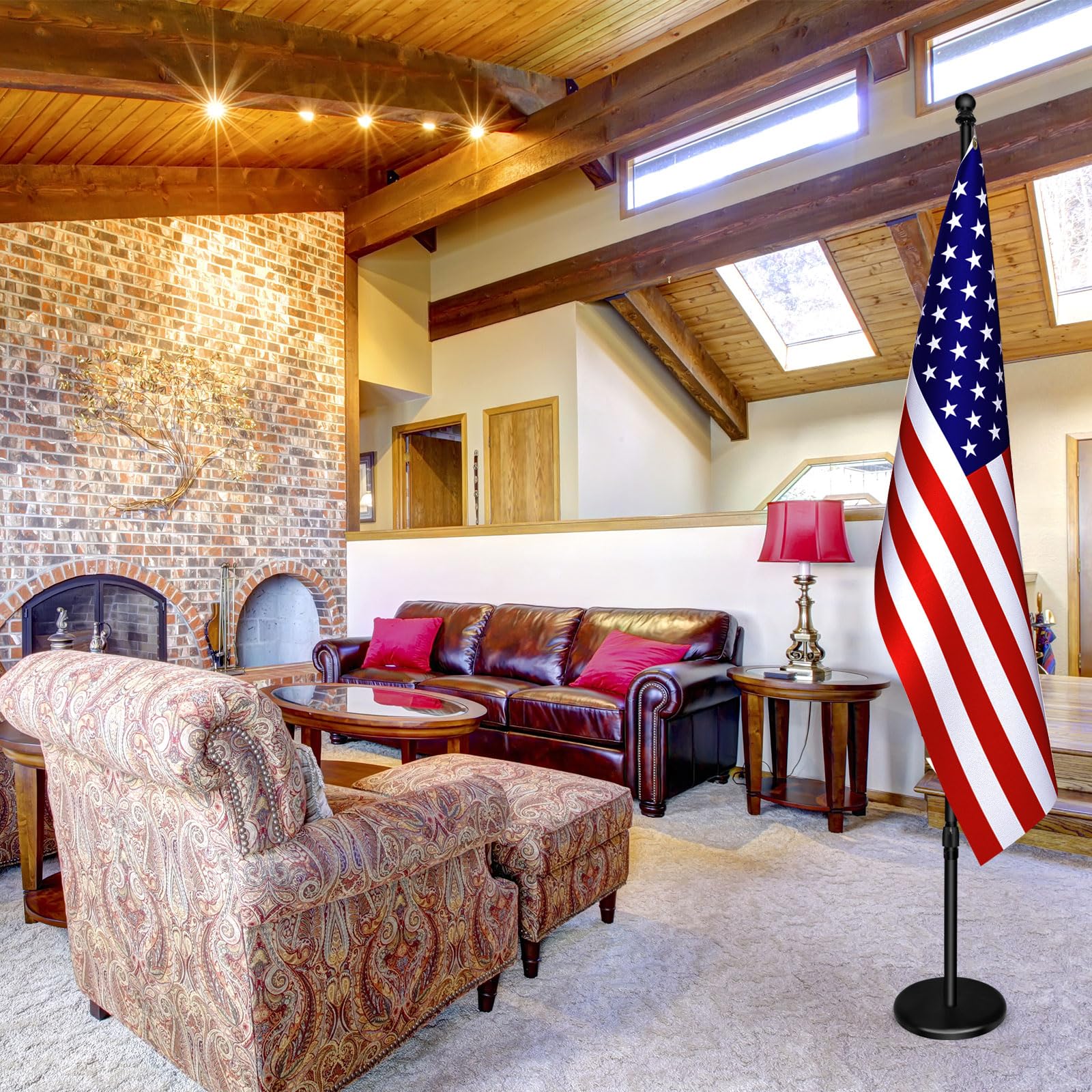 Indoor Flagpole with Base,Telescoping Flag Pole 6FT-8FT, Flagpoles Rotate 360 Degrees, 3X5 USA Flag-Heavy Duty Water Resistant Polyester Canvas Embroidered Stars. Suitable for Office, Auditorium, School, Use (1-pack)