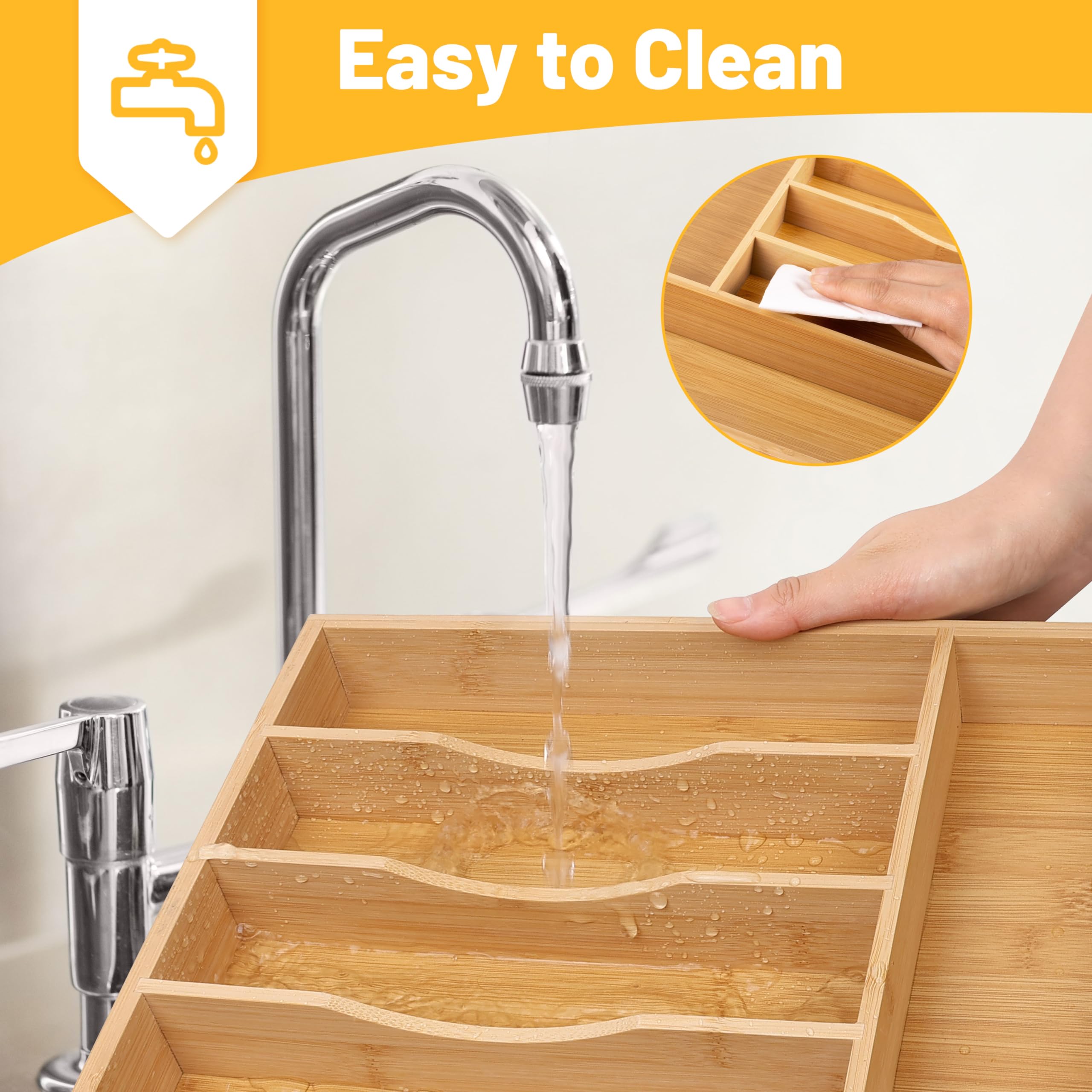 Expandable Acacia Kitchen Drawer Organizer for Cutlery and Utensils, Adjustable Acacia Wood Cutlery Tray in Drawer for Flatware and Silverware in Kitchen