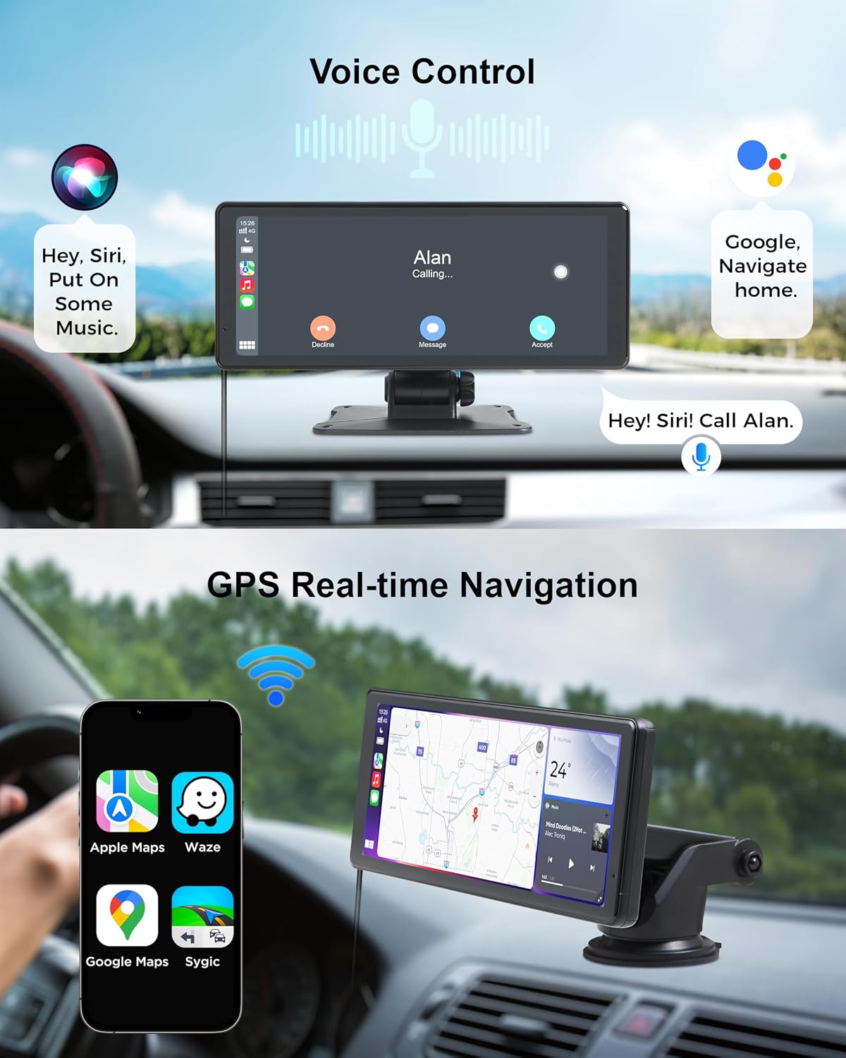 Portable Carplay Screen 8.1" Wireless Android Auto Car Stereo | 4K dash cam & 1080P backup camera system with mirror link, Bluetooth, GPS. For older cars, Truck, SUV, Van, all vehicles.