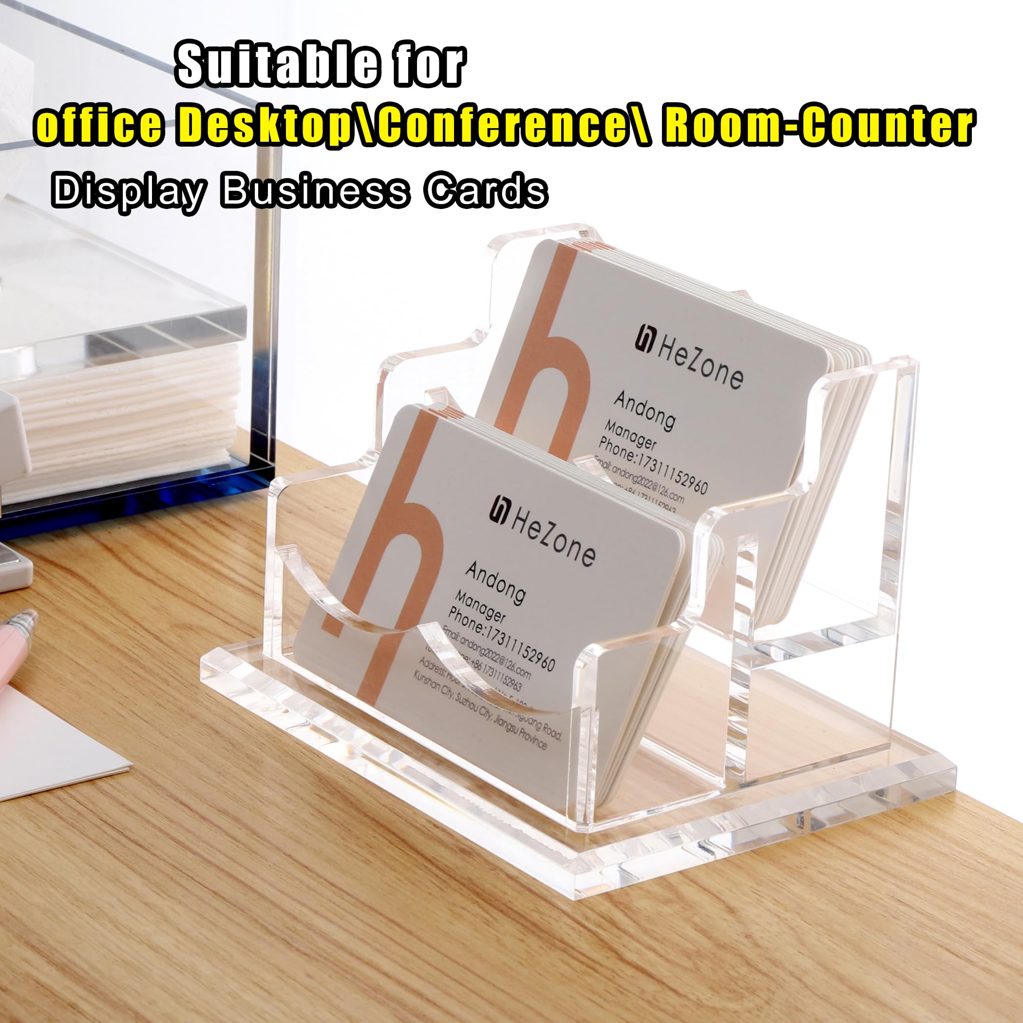 HeZone Business Card Holder for Desk Display, Clear Acrylic Cards Organizer Stand for Men and Women, Business Cards Case Rack 1 Pack, Holds 50 Cards-1 Slot
