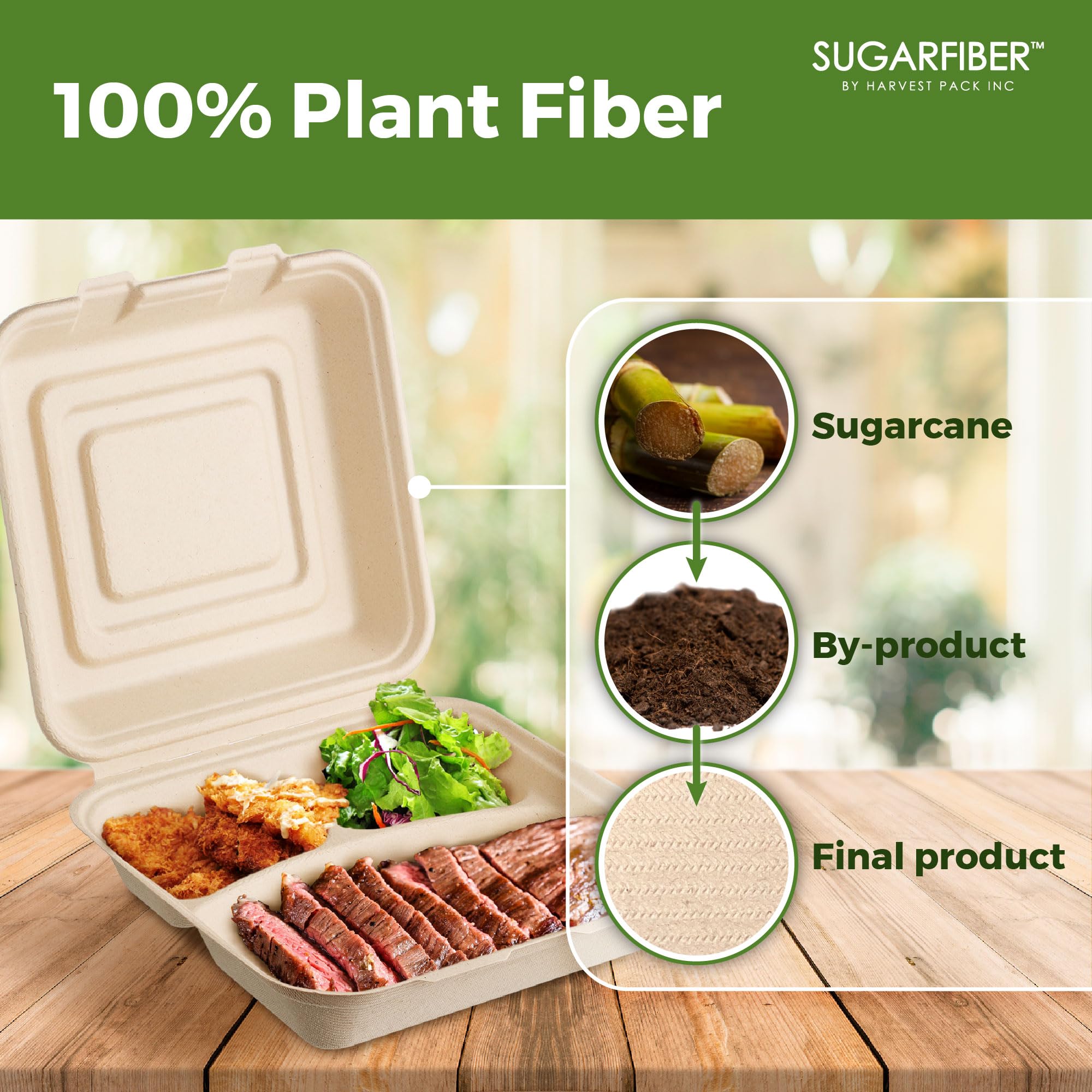 [50 COUNT]Harvest Pack 6 X 6" Compostable Clamshell Take Out Food Containers, PFAS FREE Square To go Containers with Lids, Heavy-Duty Disposable Bagasse Bento Cake Box, Eco-Friendly Sugarcane Fibers