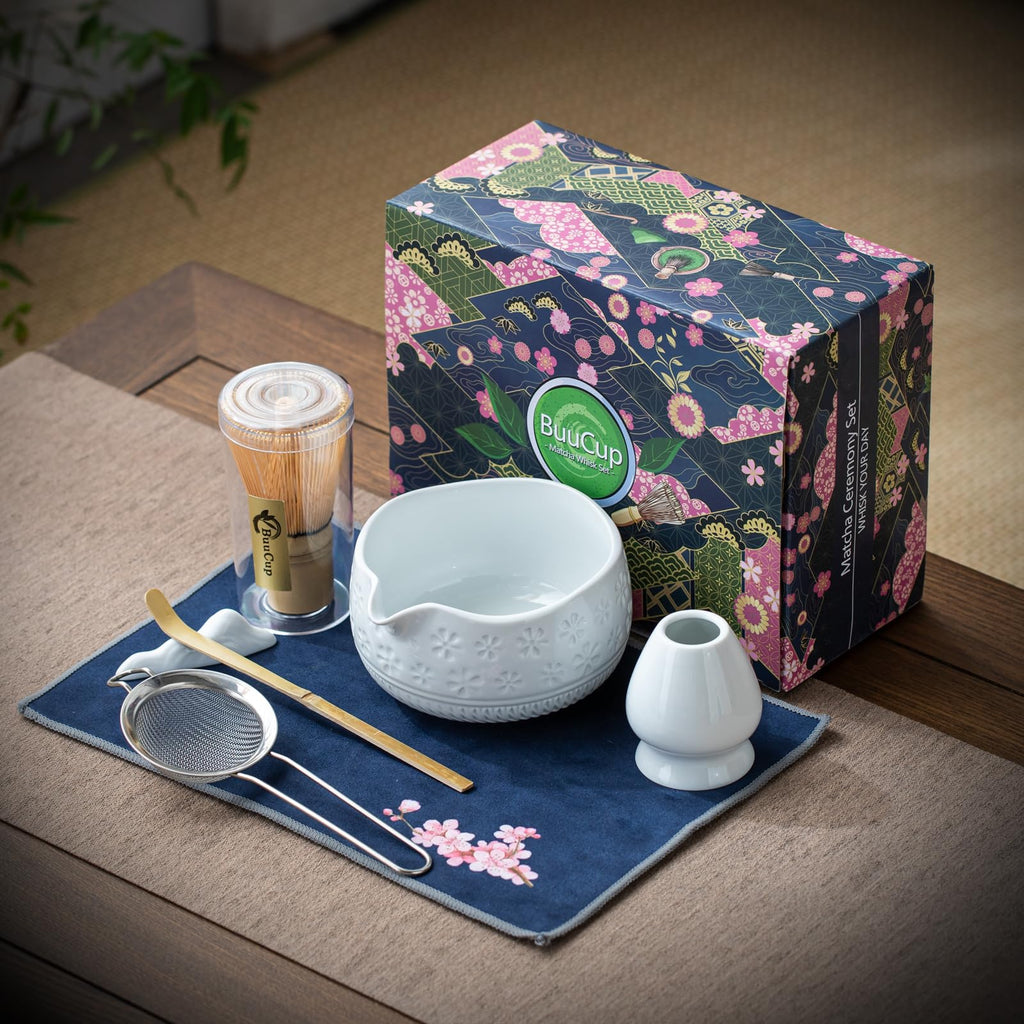 Buucup Matcha Whisk Set, Ceramic Matcha Kit Includes Matcha Bowl, Matcha Whisk and Holder, Bamboo Scoop, Scoop Rest, Sifter and Tea Towel - 7 Pcs Matcha Kit for Matcha Lovers (Blue)