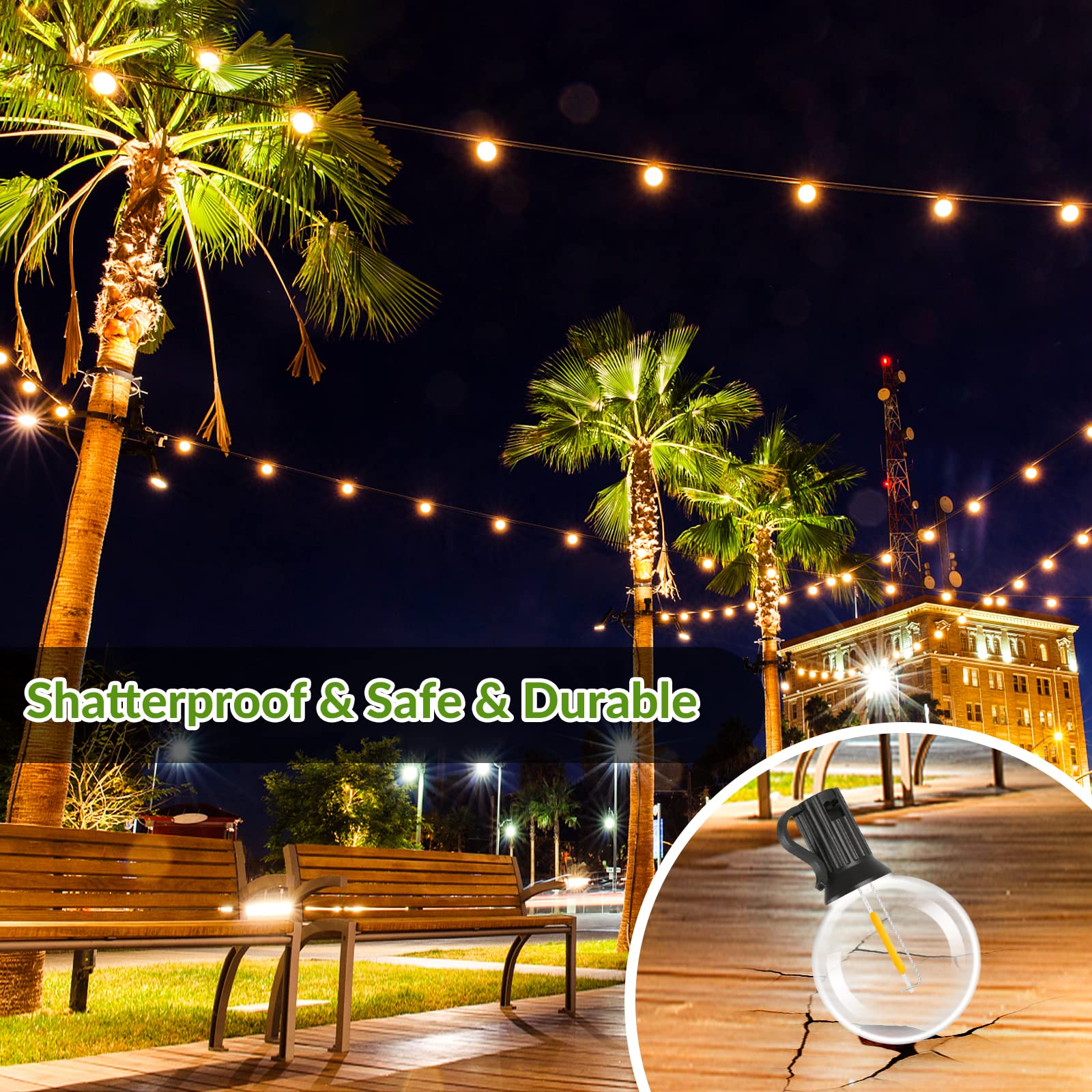 Lakumu 34FT G40 Solar String Lights, Globe Outdoor String Lights with 15 E12 Waterproof LED Bulbs, 2700K Shatterproof Patio Lights, Solar Powered Hanging Lights