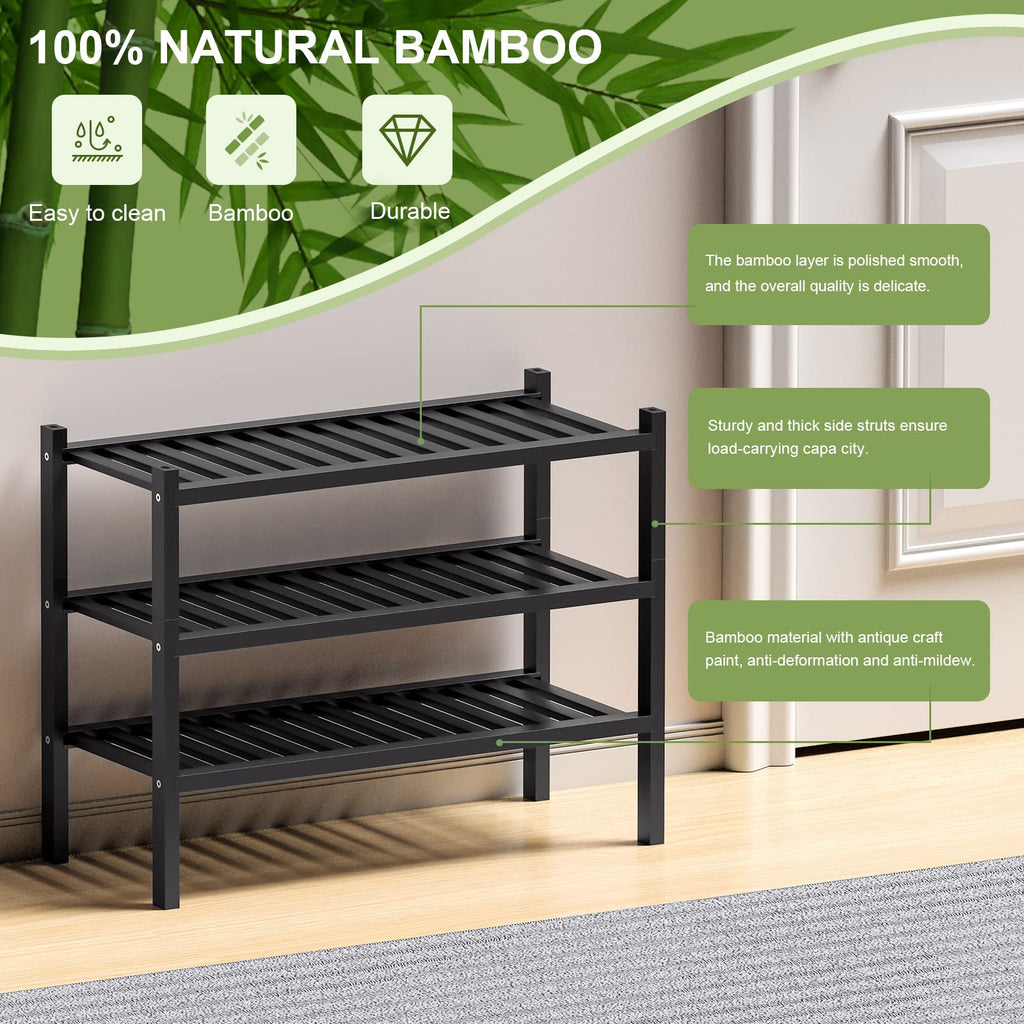 ROMGUAR CRAFT 2-Tier Bamboo Long Shoe Rack, Free Standing Wood Shoe Shelf Storage Organizer for Closet Entryway Stackable 35"x11"x13" (Black)