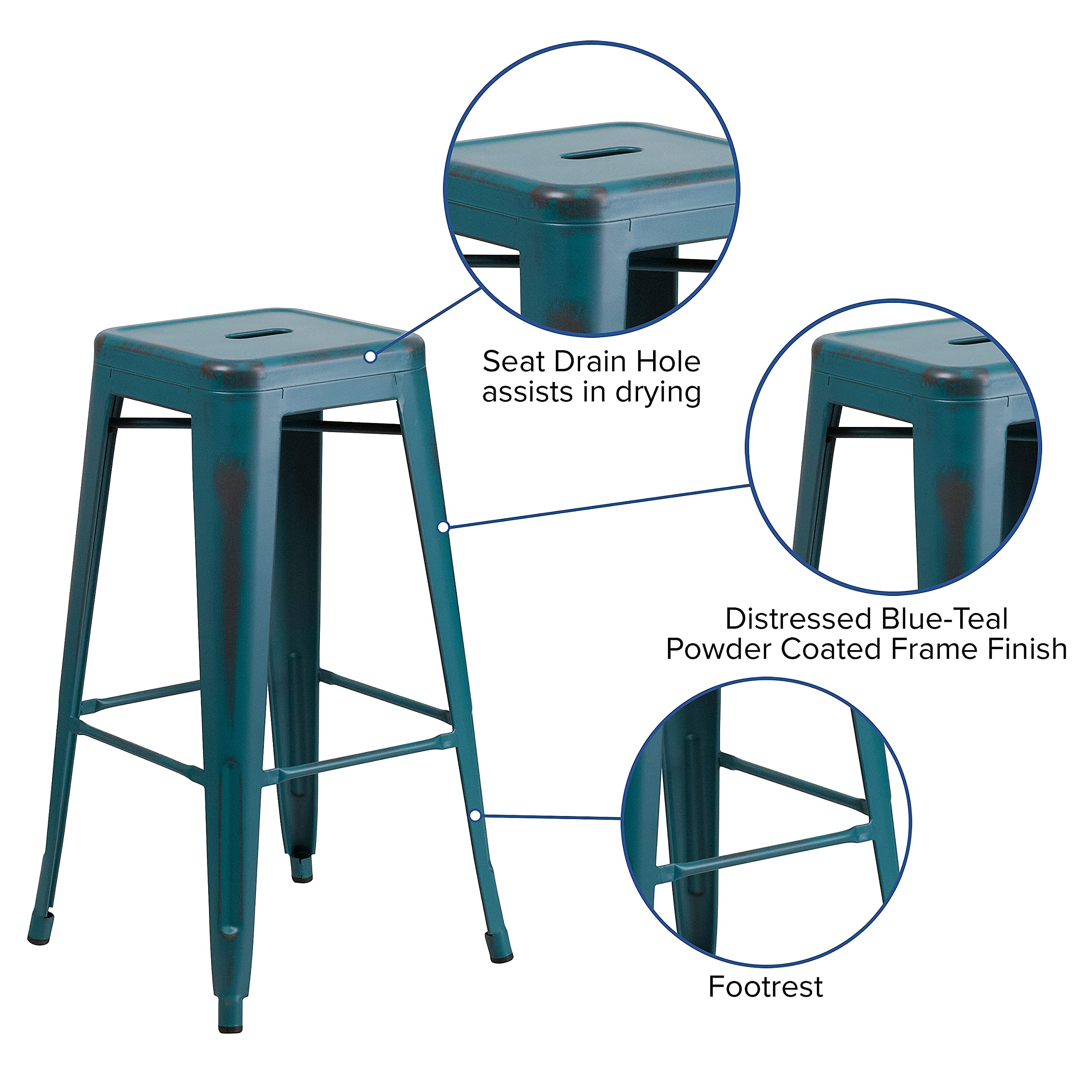 Flash Furniture 30"H Commercial Modern Metal Backless Barstool, Indoor/Outdoor Industrial Square Stacking Bar Stool for Patio Bars/Restaurants, Black