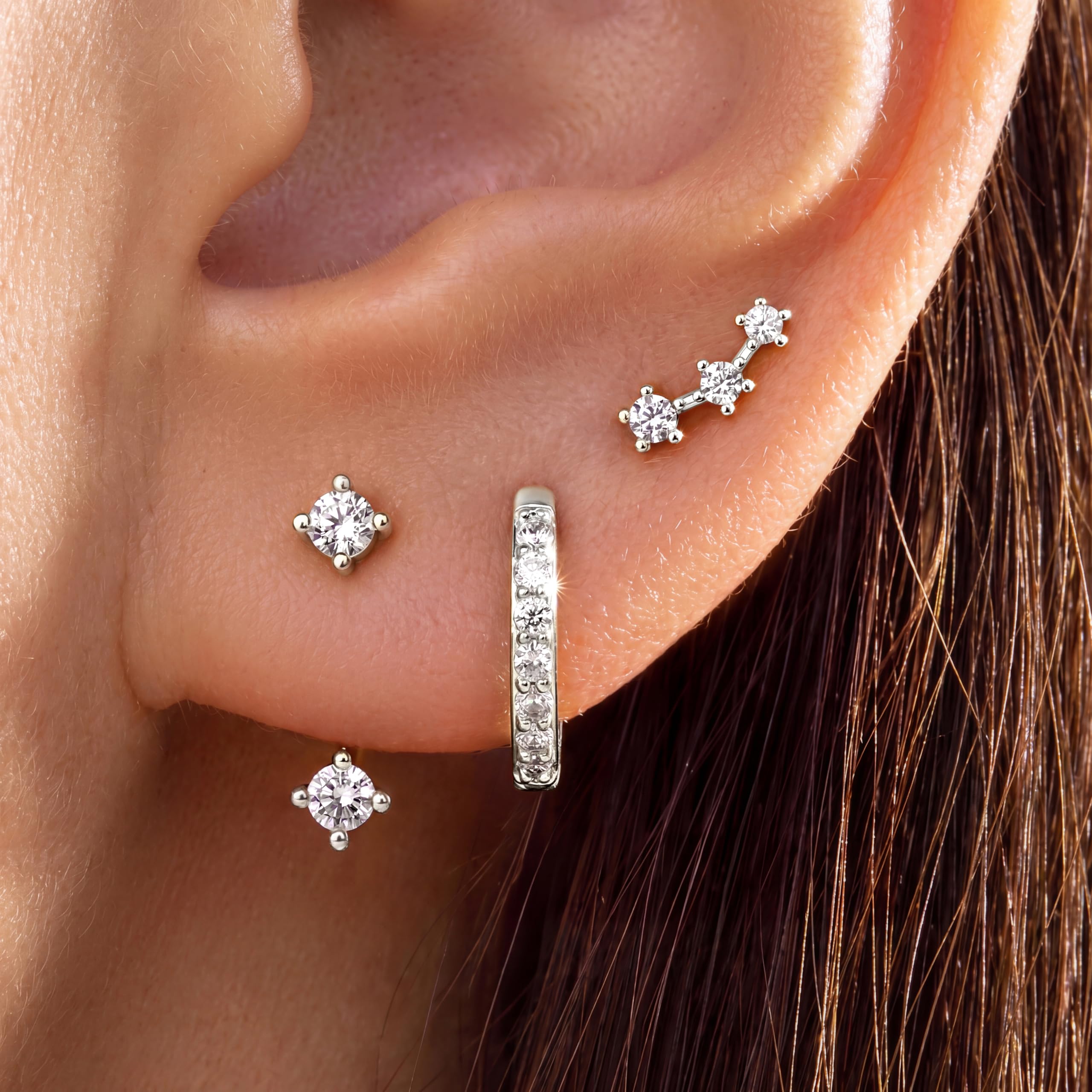 3 Pairs Dainty Small Earrings Set for Women Trendy, Birthstone Stud Huggie Hoop Jacket Stack for Cartilage Helix, Gold Plated Hypoallergenic Cute Women Fashion Accessories Western Jewelry Gifts