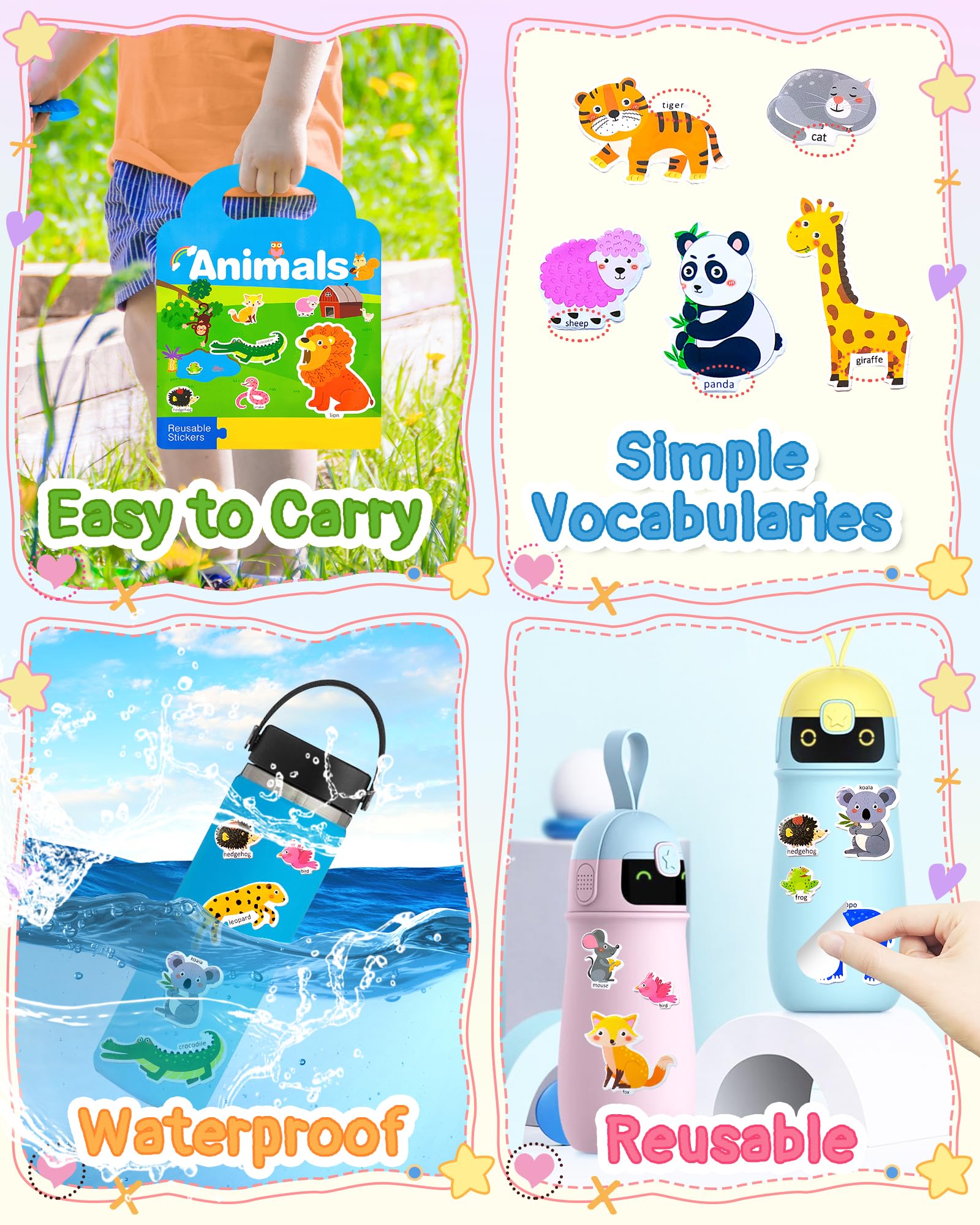 Benresive Reusable Sticker Book for Toddlers, Stickers for Kids, Travel Toys for Arts & Crafts Activities, Birthday Gift for Boys & Girls, Animals Dinosaurs Insects Themes