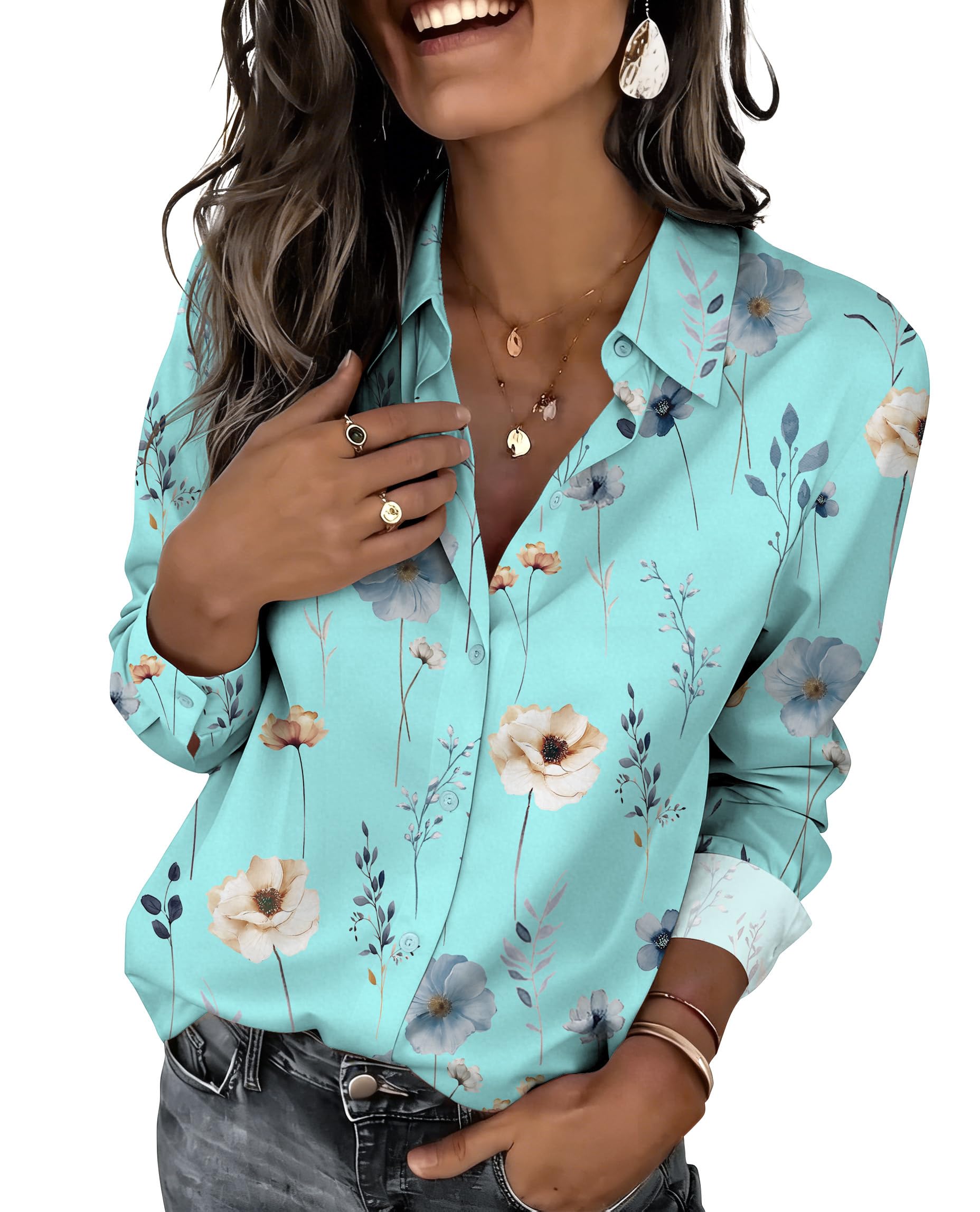 Zeagoo Button Down Shirts for Women Dressy Floral Printed Long Sleeve Blouse Business Casual Work Tops