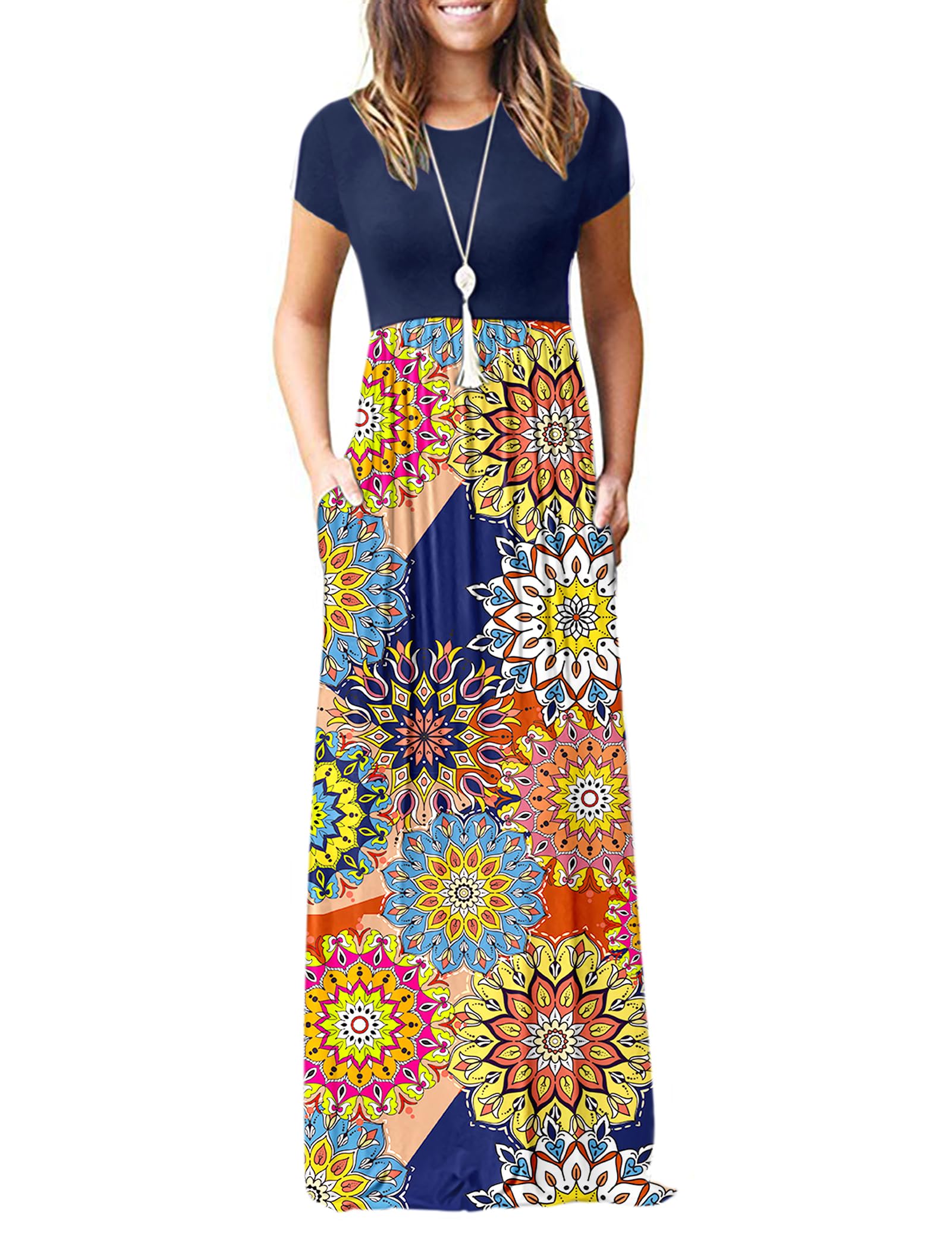 MISFAY Women Short Sleeve Loose Plain Maxi Dresses Casual Long Dresses Pockets