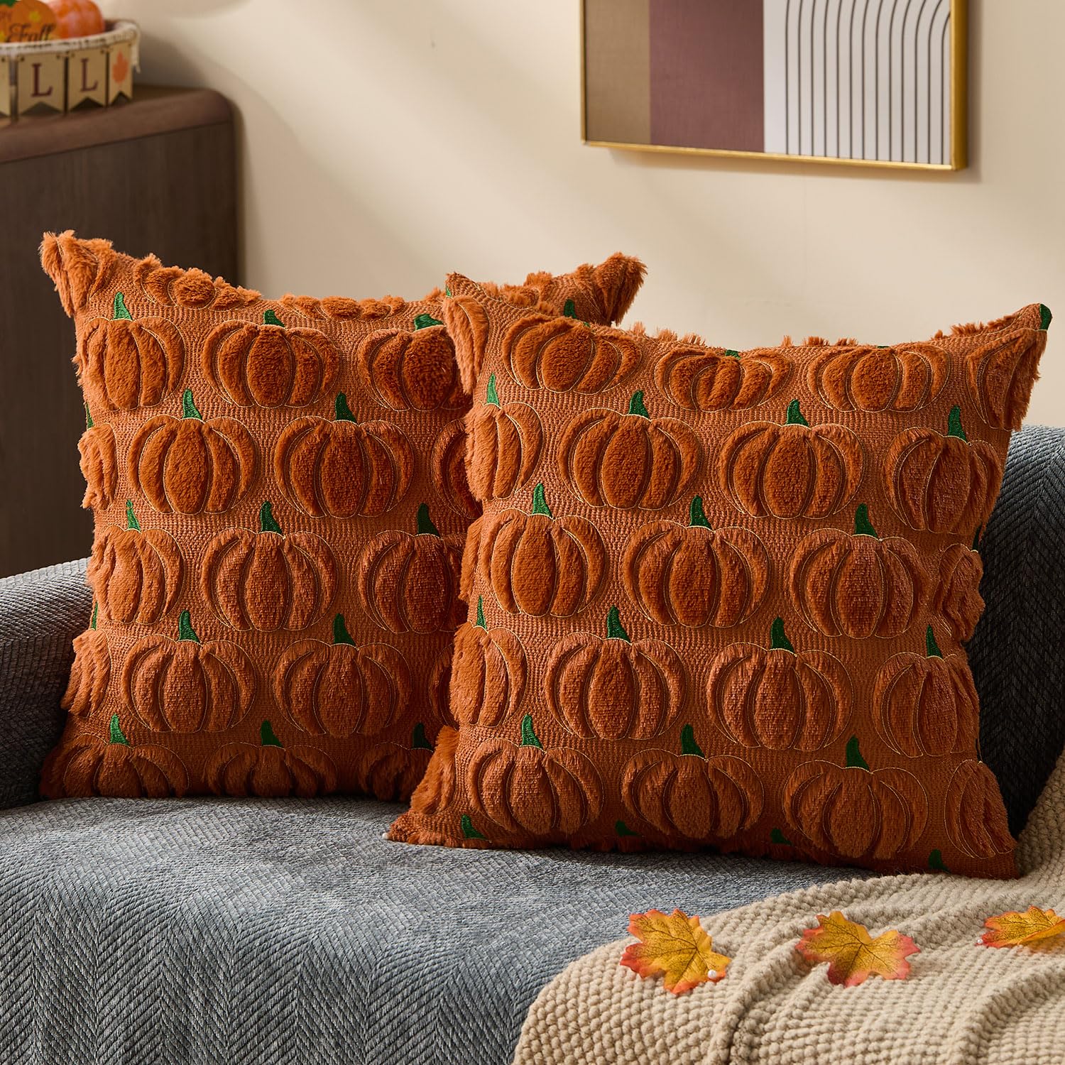 DFXSZ Fall Pillow Covers 16x16 Set of 2 Fall Decorations Autumn Beige Pumpkin Throw Pillow Cases Soft Plush Faux Fur Wool Couch Cushion Case for Chair Sofa Bedroom Living Room Home Decor PTK02B16