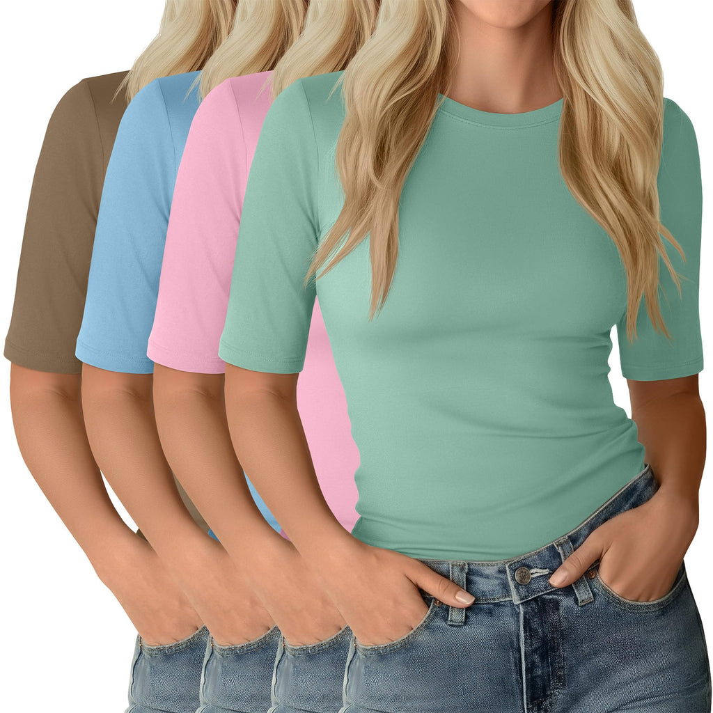 Neer 4 Pack Women's Half Sleeve Tops Elbow Length Slim Fit Crewneck T-Shirts 1/2 Sleeve Casual Summer Basic Tees