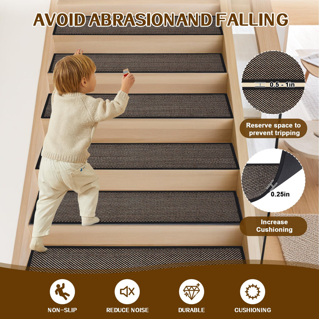 Non Slip Stair Treads for Wooden Steps, Square Rubber Backing Non Slip Stair Landing Mat, Thicken Linen Carpet Stair Runners Indoor, No Residue Stair Carpet Treads, 29"x29", Beige