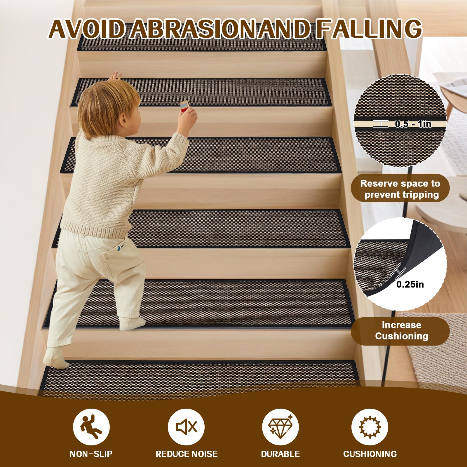 Non Slip Stair Treads for Wooden Steps, Square Rubber Backing Non Slip Stair Landing Mat, Thicken Linen Carpet Stair Runners Indoor, No Residue Stair Carpet Treads, 29"x29", Beige