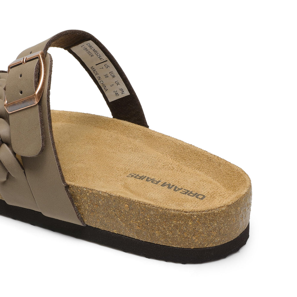 DREAM PAIRS Women's Slides Soft Cork Footbed Sandals Comfortable Walking Slip-on Flat Sandals Arch Support Adjustable Buckle Braided Straps Slippers