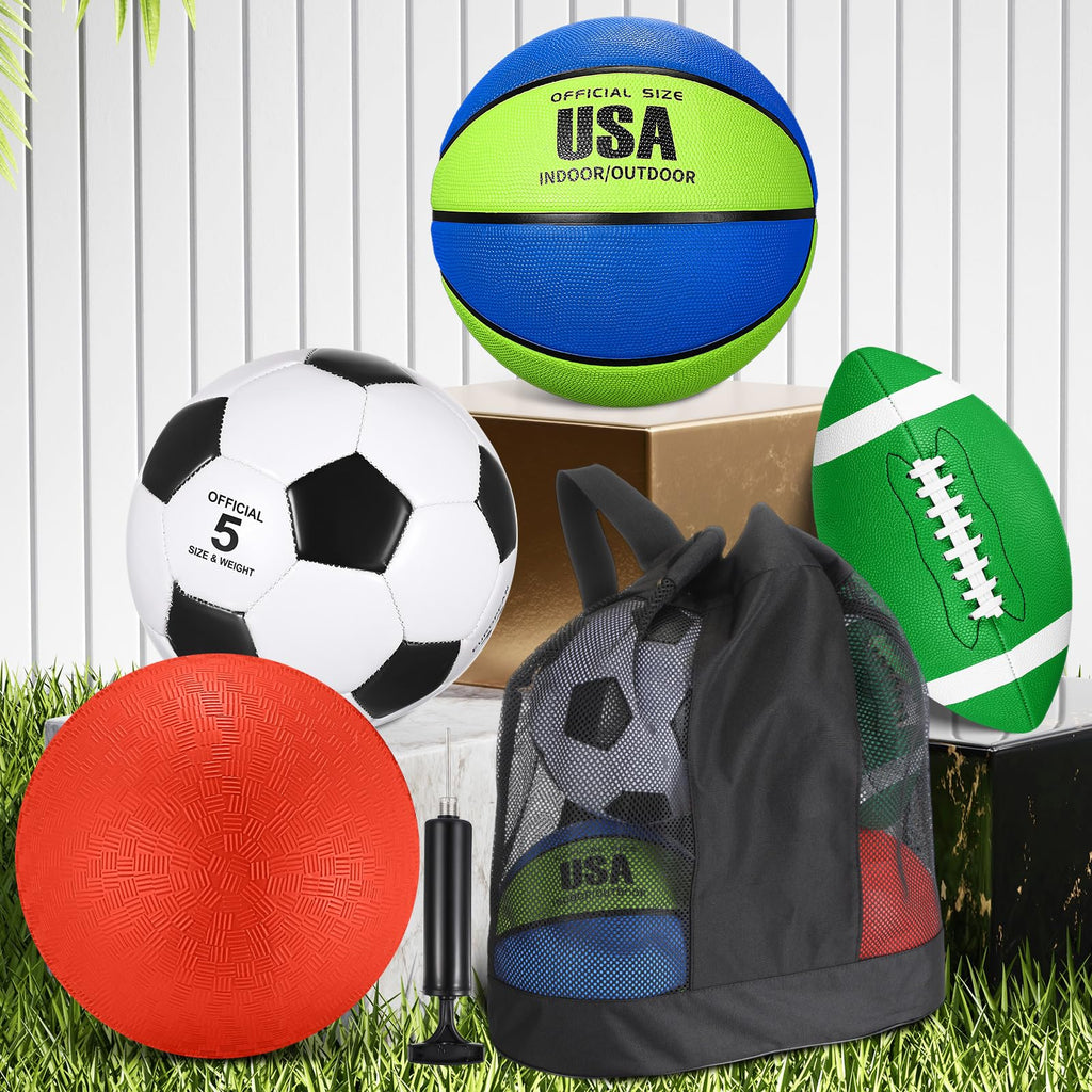Lenwen 4 Pcs Sports Balls Set for Teen Adult, Include Official Size Basketball Soccer Football Playground Ball Pump Equipment Bag Ball Gifts Back to School