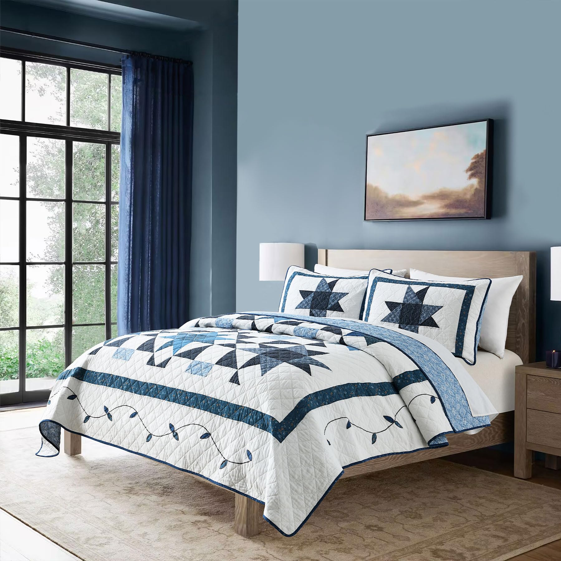 Secgo Twin Comforter Set for Bed - 100% Cotton Quilts Twin Size, Black Bedspreads with 2 Pillow Shams, Patchwork Reversible Lightweight Bedding