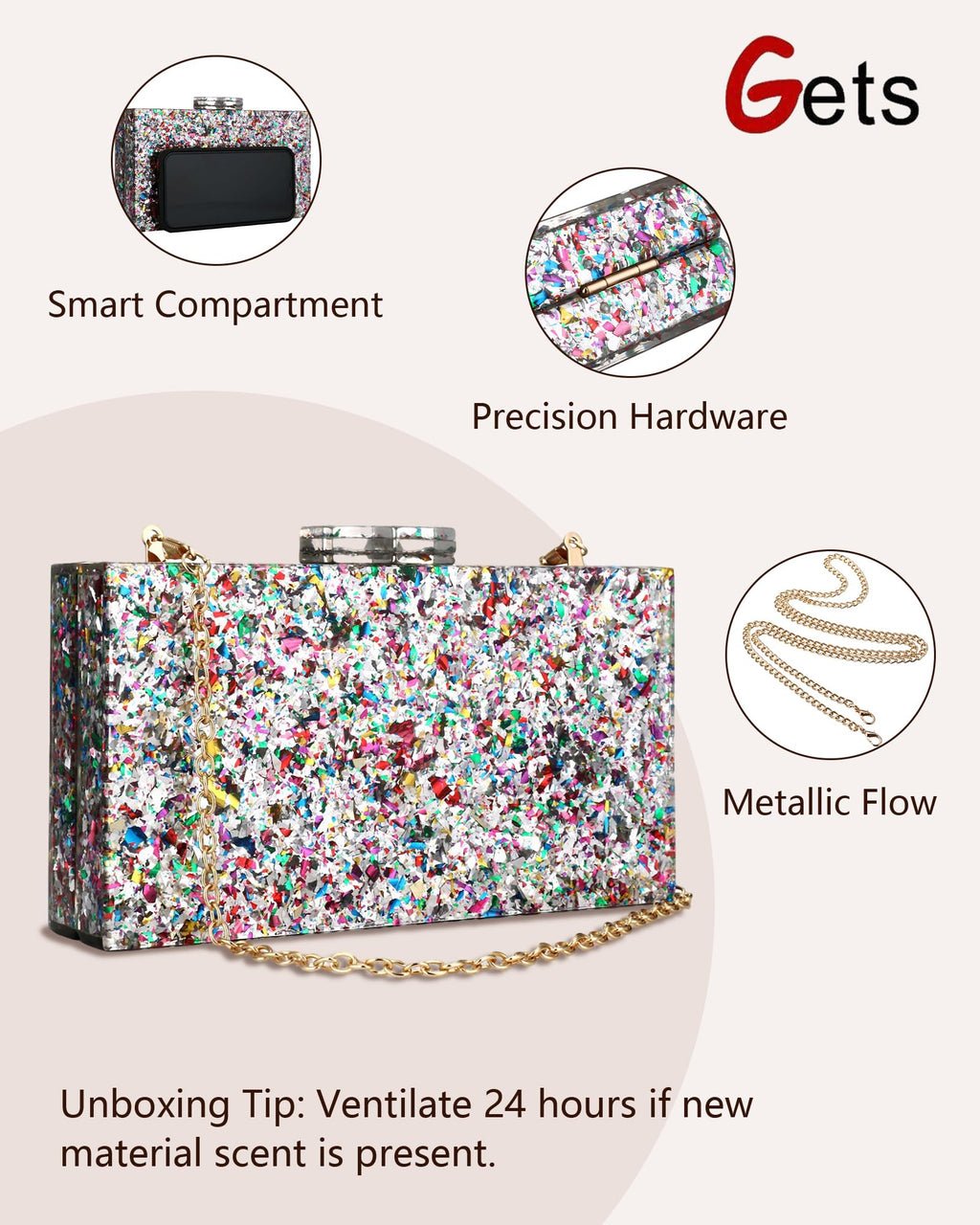 Gets Acrylic Purses and Handbags for Women Multicolor Perspex Geometric Patterns Box Clutch Banquet Evening Crossbody Handbag