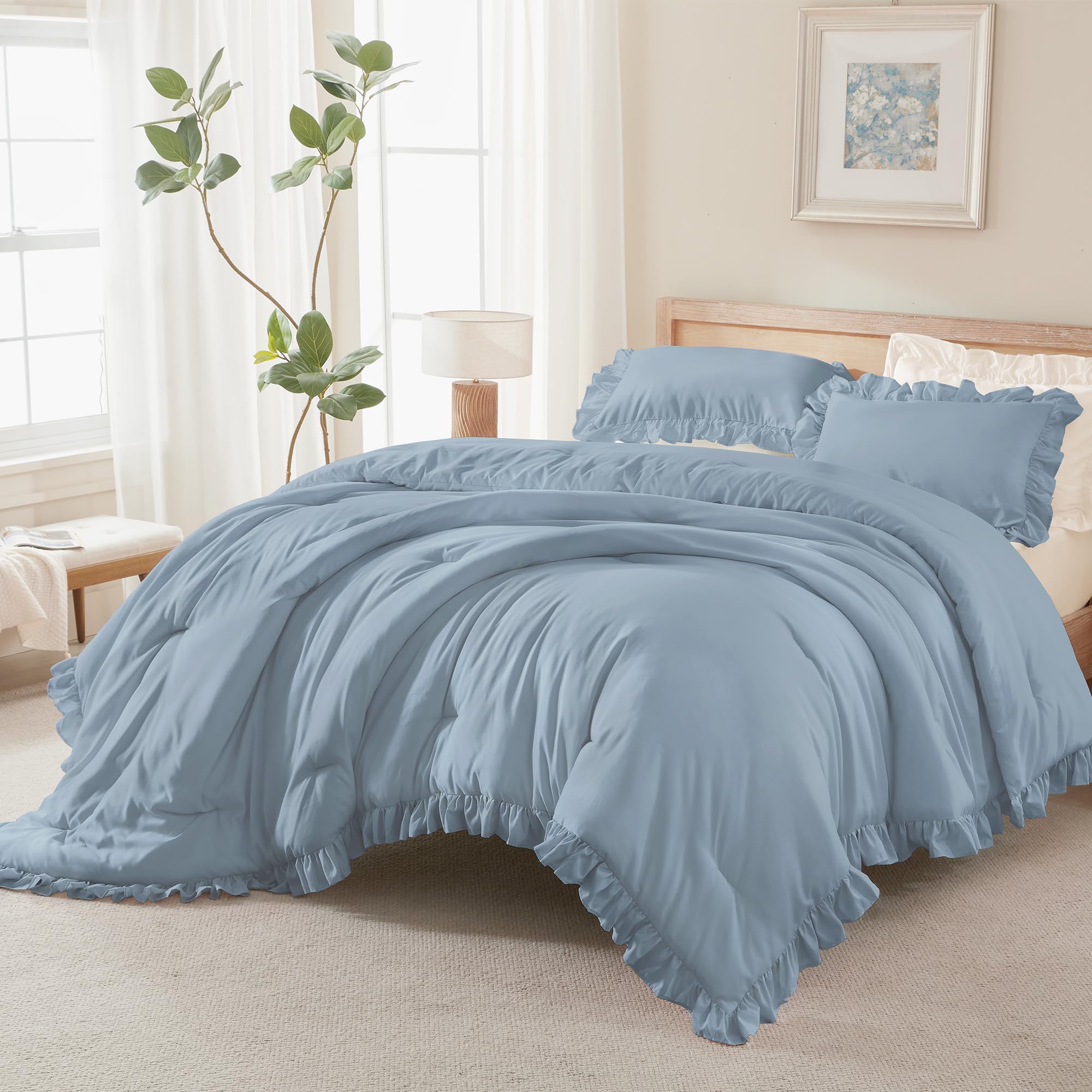 Andency Beige Twin Size Ruffle Comforter, 2 Pieces Farmhouse Shabby Classic Bed Set for Kids, Lighteweight Soft Polyester Bedding Set for Girls(1 Ruffle Comforter and 1 Pillowcase)