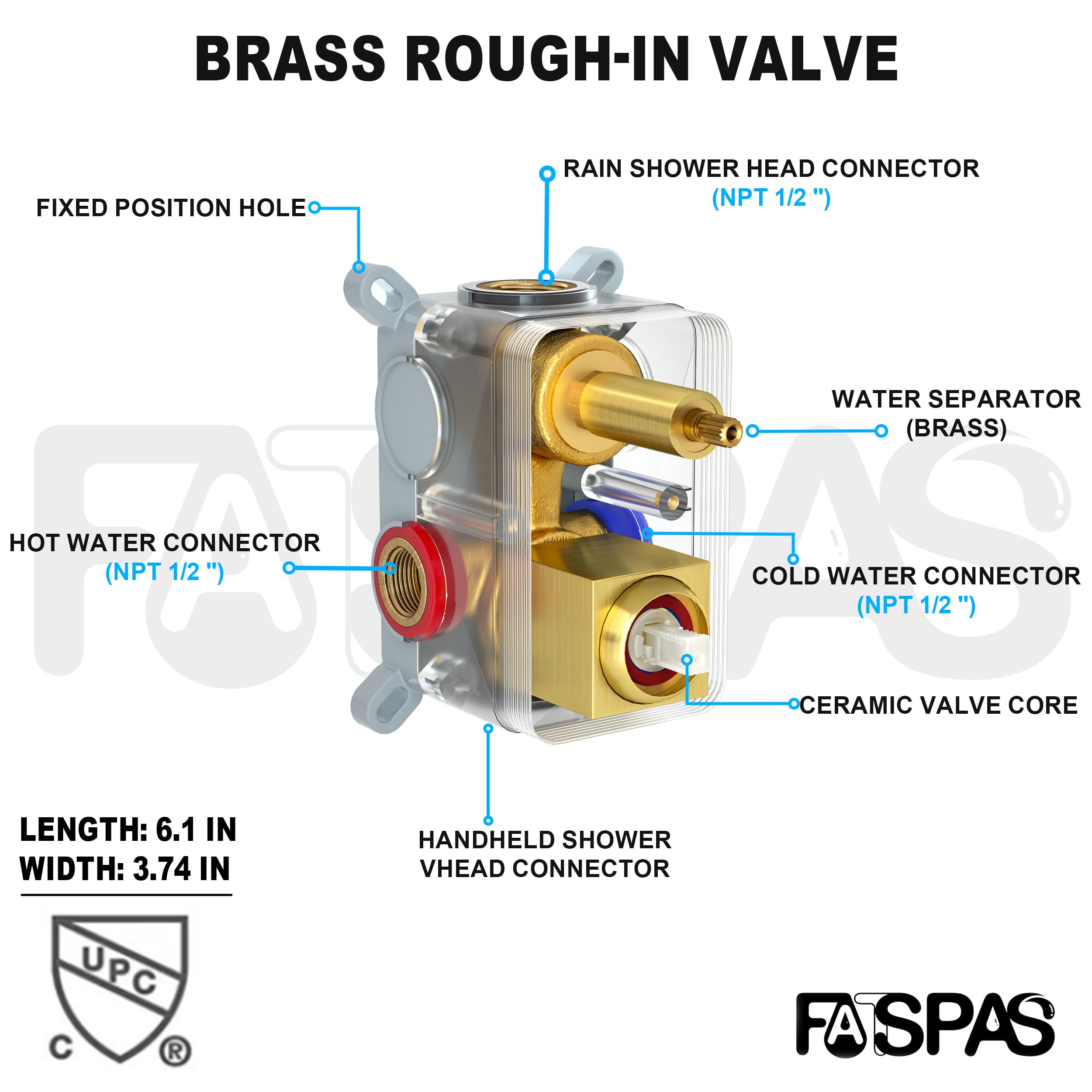 Brushed Gold Shower System with 10-Inch Rain Showerhead and Tub Spout | cUPC-certified pressure balance brass valve to prevent scalding, CEC-certified air injection technology for low pressure