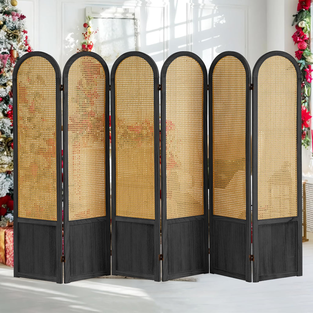 Hand-Woven Rattan Room Divider 3 Panels, 5.9 Ft Tall Wood Room Divider Panel, Partition Screen Divider Wall, Folding Privacy Screen, Wall Divider for Room Separation Home Office - Black