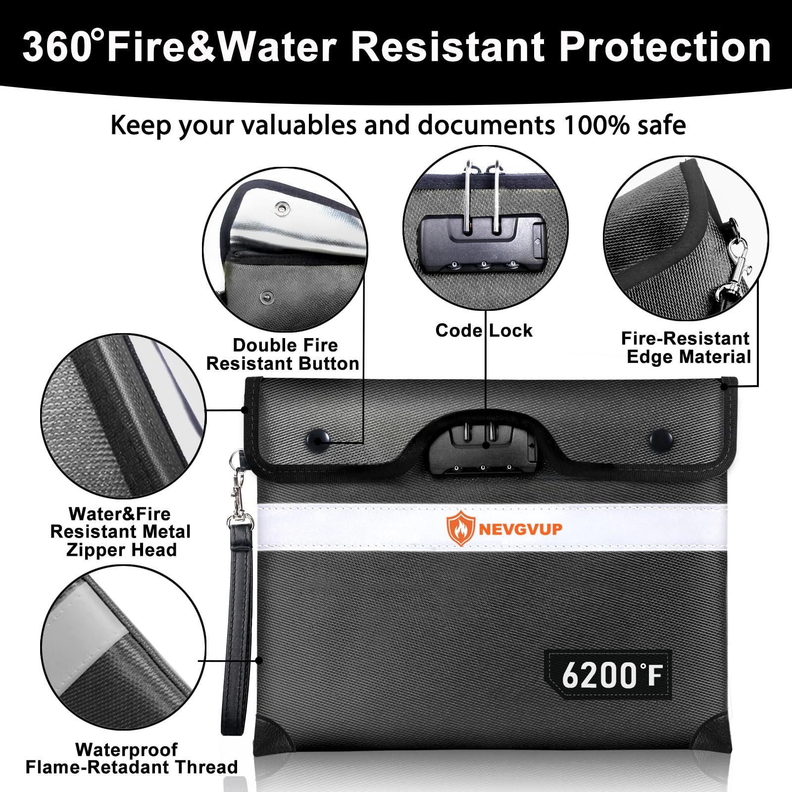 Fireproof Money Bag 4200°F - Heat Insulated, 9.8 x 6.5" Small Fireproof Document Bags with Waterproof Zipper, Fire proof Bag with Reflective Strip and Fireproofs Edeging, Fire Pouch Set for Valuables
