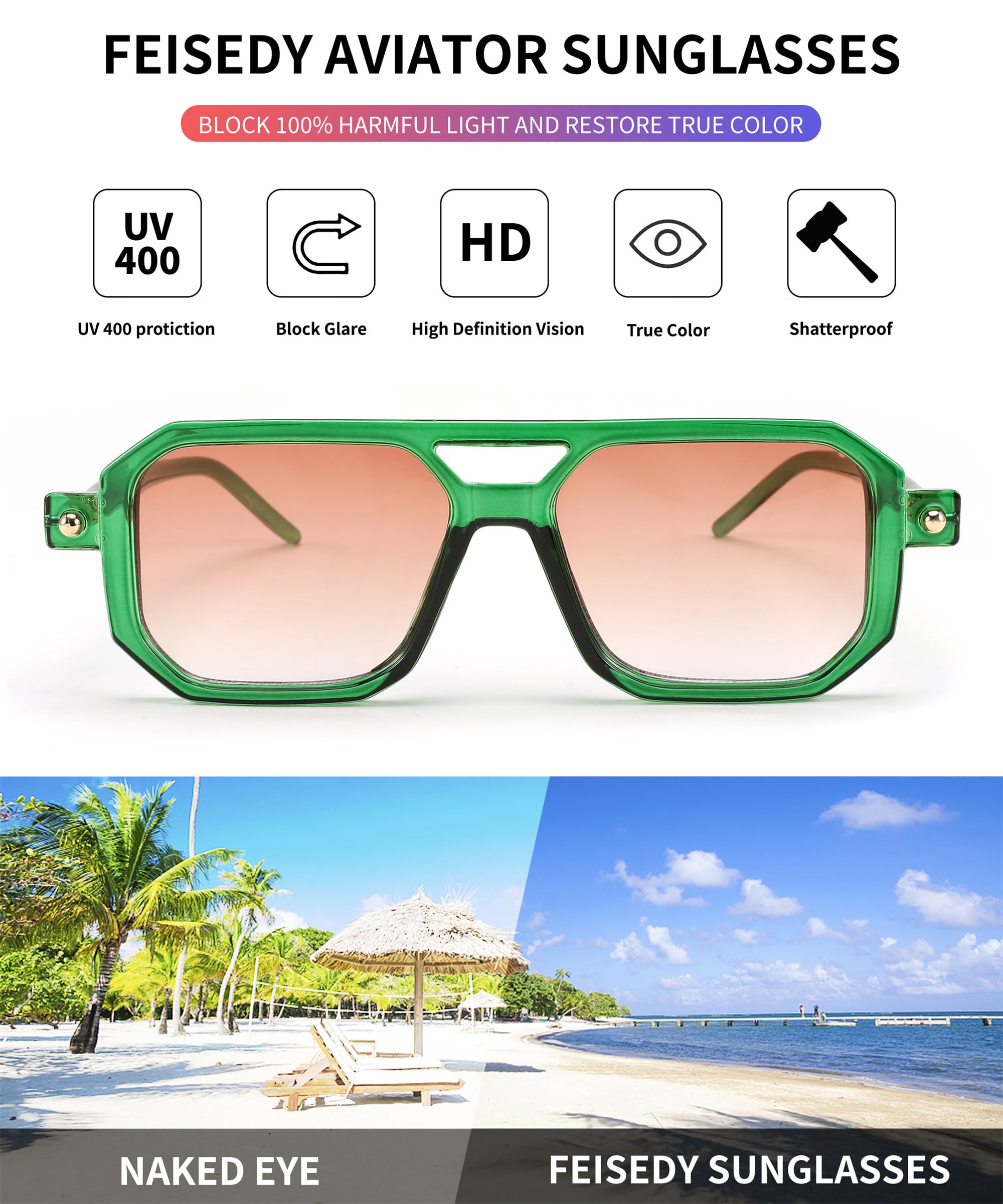 FEISEDY Vintage Square 70s Flat Aviator Sunglasses Women Men Classic Retro Stylish Frame UV400 Sunglasses B2622