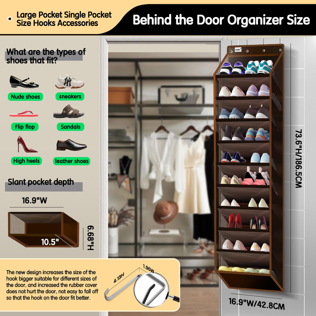 Kotkn 10 Tier Over The Door Organizer - Heavy Duty Hanging Storage Rack with Sturdy Oxford Fabric, Holds 20+ Pairs of Footwear, Boots & Sneakers, Saves 50% Closet Space(Beige)