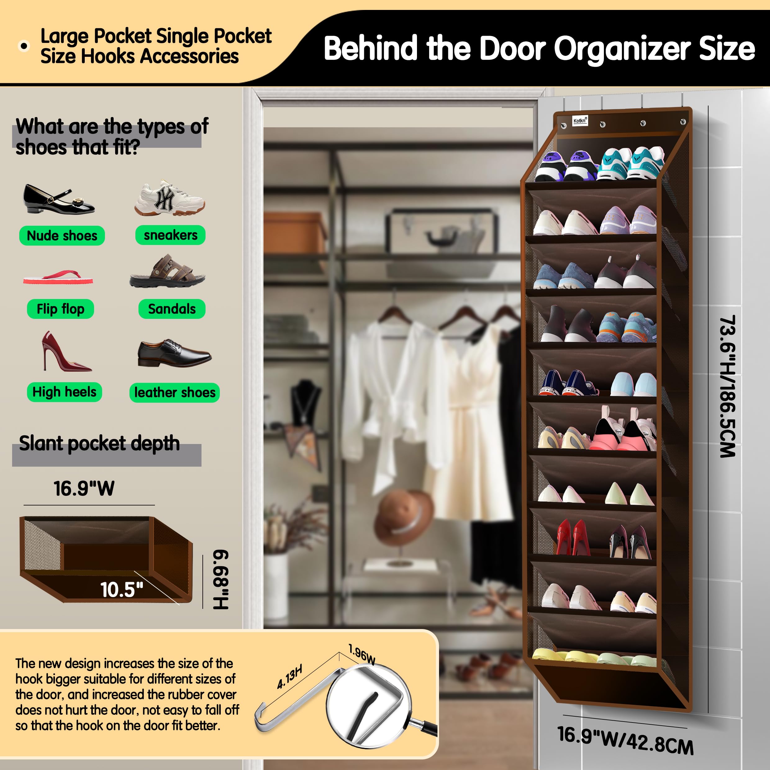 Kotkn 10 Tier Over The Door Organizer - Heavy Duty Hanging Storage Rack with Sturdy Oxford Fabric, Holds 20+ Pairs of Footwear, Boots & Sneakers, Saves 50% Closet Space(Beige)
