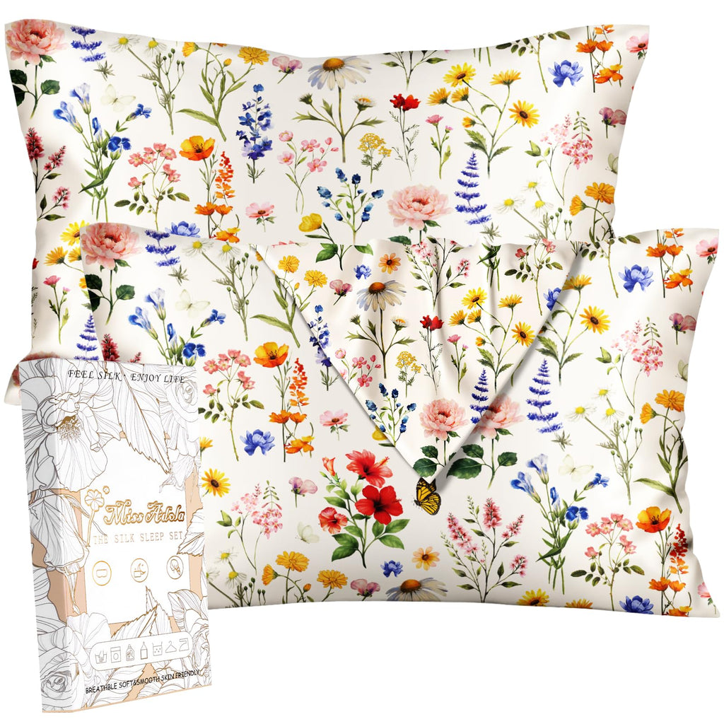 Miss Adola 2 Pack Mulberry Silk Pillowcase for Hair and Skin - Standard Size 20 x 26 Inches with Hidden Zipper Beige Flower 19 Momme Soft Sleeping Silk Pillow Case for Women, Moms