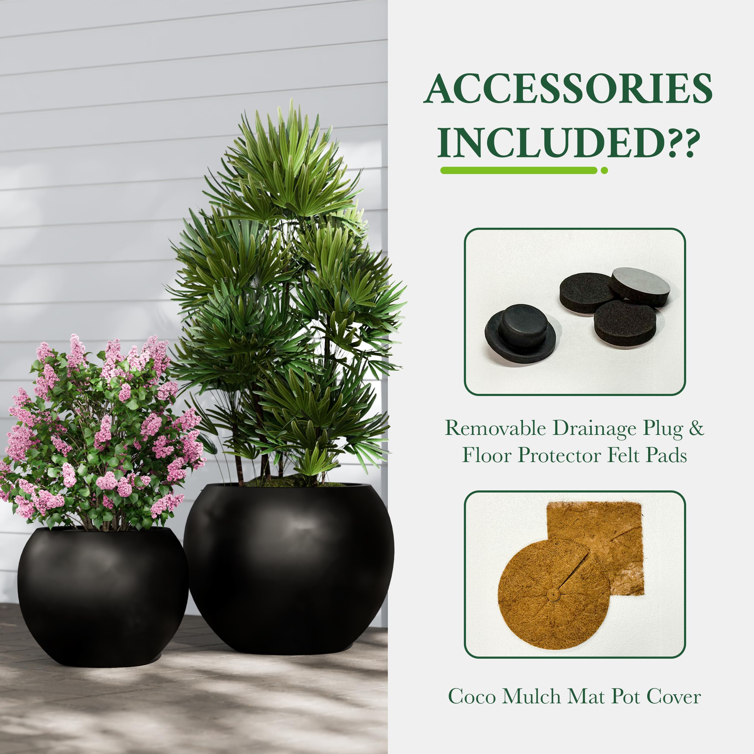 DTY Fiberstone Globe Planter Indoor Outdoor — Lightweight Sphere Ball Pot for Olive Tree, Monstera & Palm | Fiberglass Stone | UV Resistant, Drainage Hole | 2 Coco Mats | Black | 12.6" D × 10" H
