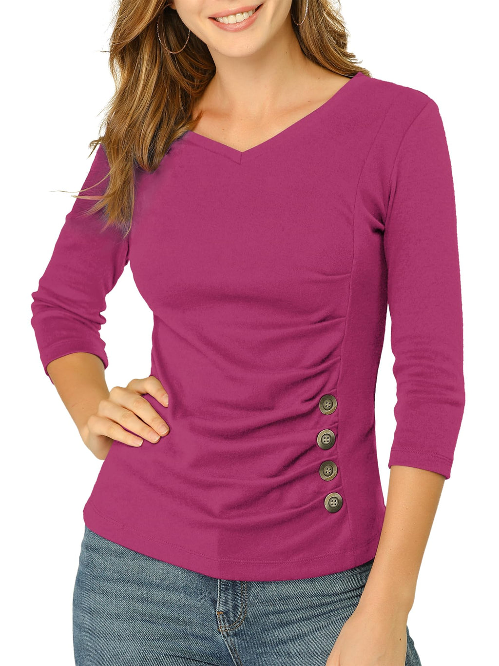 Allegra K Women's V Neck Tops 3/4 Sleeves Solid Knitted Buttons Decor Ruched Blouse