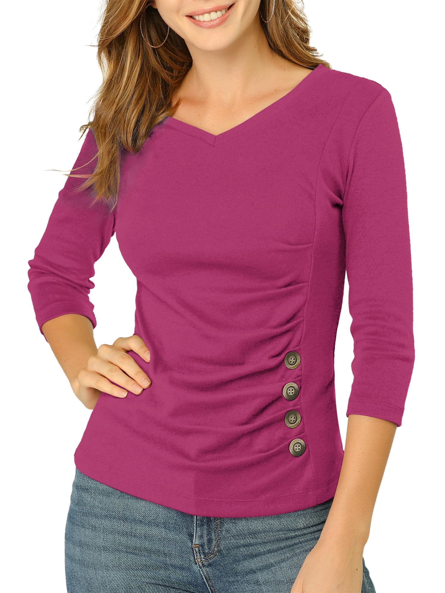 Allegra K Women's V Neck Tops 3/4 Sleeves Solid Knitted Buttons Decor Ruched Blouse
